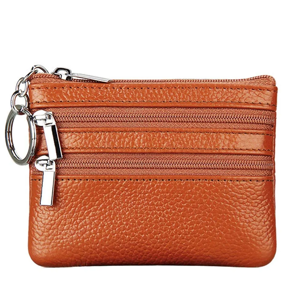 Portafoglio con Mini Custodia Portamonete da Donna in Vera Pelle con Portachiavi, marrone