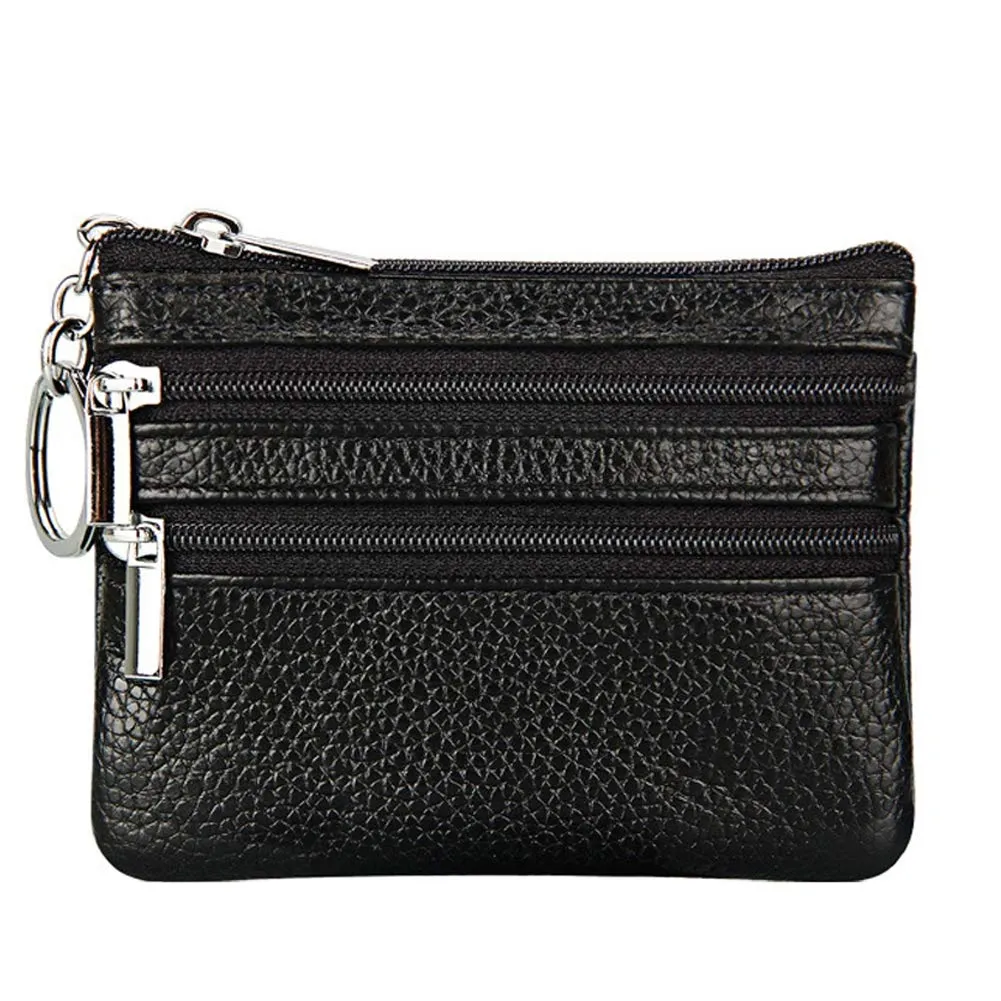 Portafoglio con Mini Custodia Portamonete da Donna in Vera Pelle con Portachiavi, nero