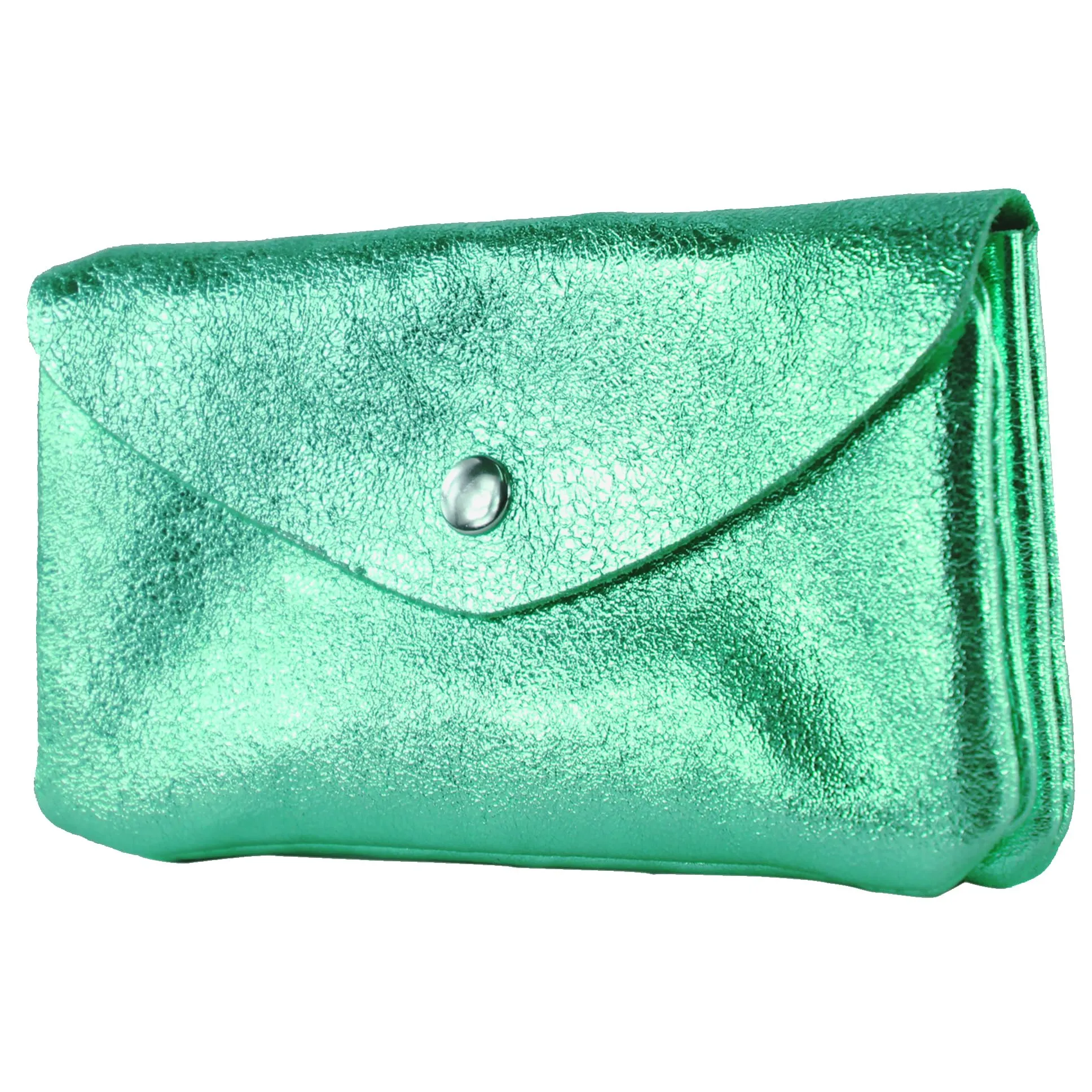 Modamoda de P11 Portafoglio in Pelle Donna Medio Handmade in Italy, Verde Turchese Metallizzato, Piccolo Portamonete Leggero