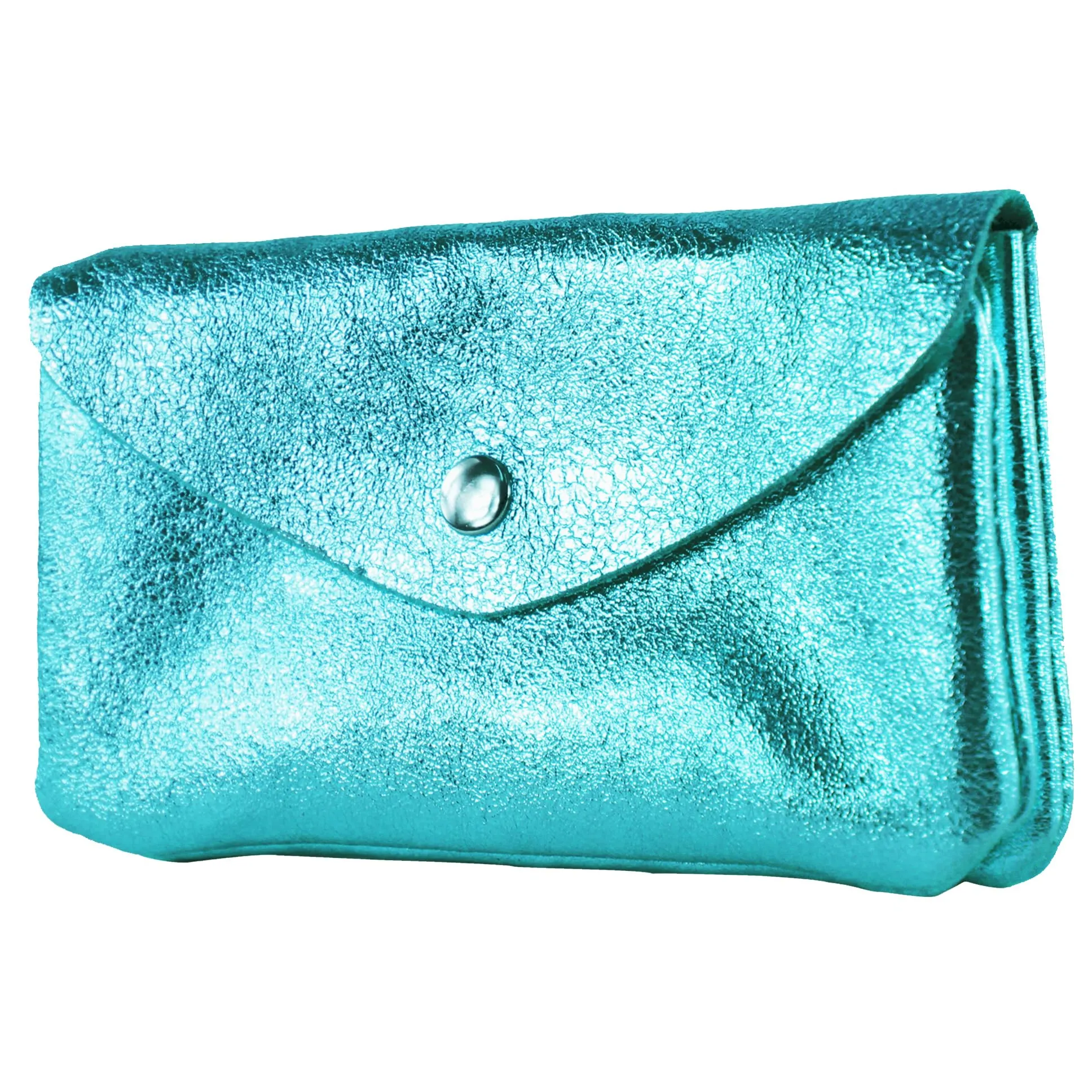 Modamoda de P11 Portafoglio Donna Pelle Medio Handmade in Italy, Blu Turchese Metallizzato, Piccolo Portamonete Leggero