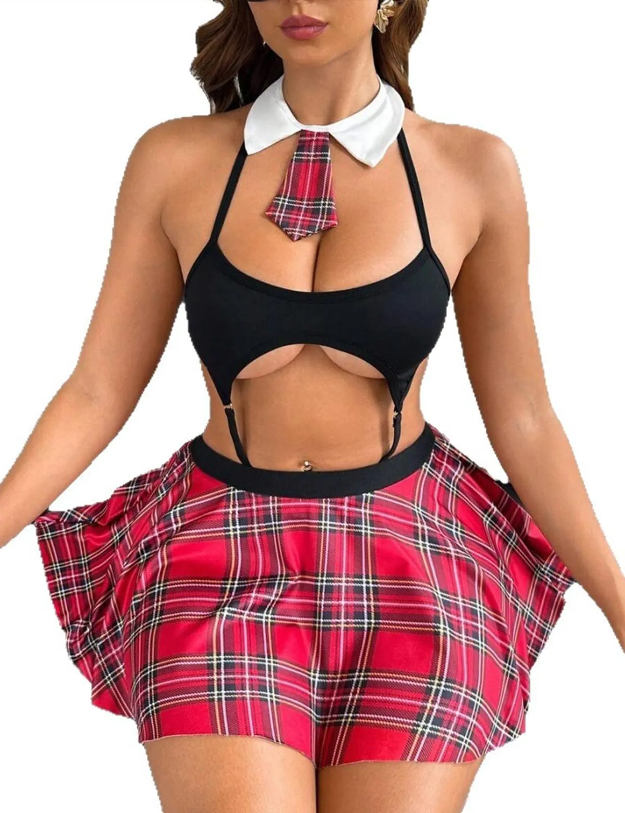 Sthxyfaith Lingerie sexy da donna, costume da studentessa, in pizzo, per cosplay, giochi di ruolo, con top e minigonna, B-Nero, XL