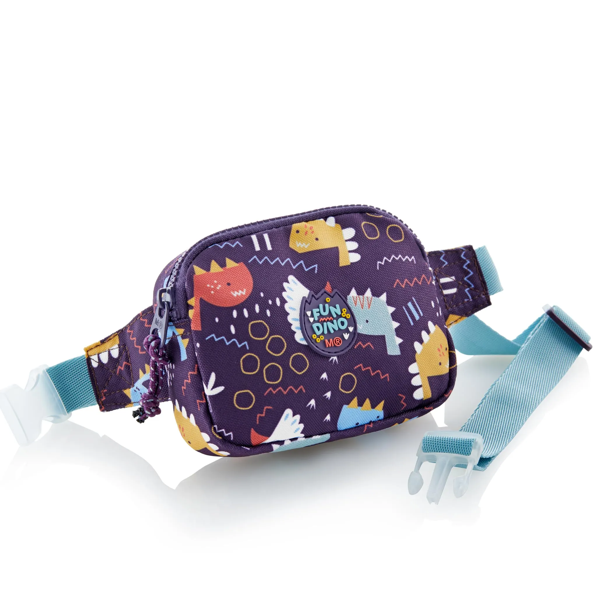 Miquelrius - Marsupio per bambini con uno scomparto, chiusura lampo in plastica resistente, nastro regolabile, chiusura a scatto, marsupio piccolo 150 x 120 x 30 mm, Dinosauro, Viola, 150 x 120 x 30