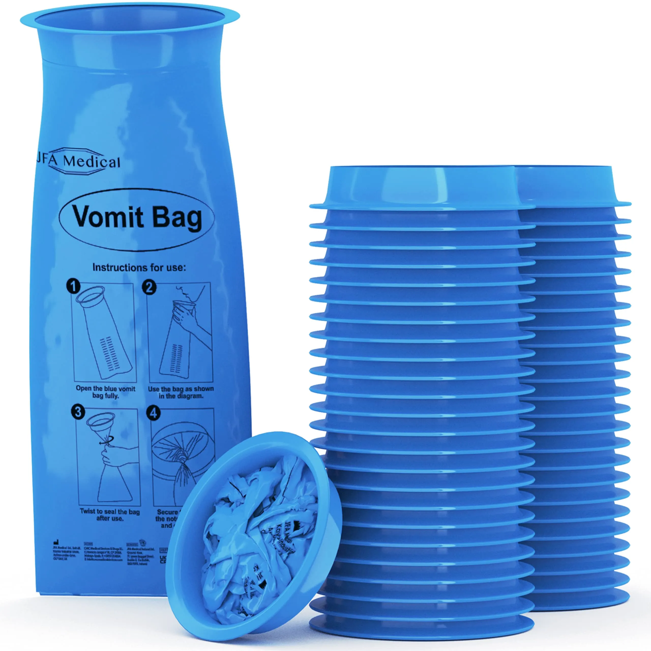 JFA Medical - Confezione da 50 sacchetti sanitari usa e getta per vomito, 1000 ml, per viaggi o emergenze ospedaliere o mal d’aria, con boccaglio