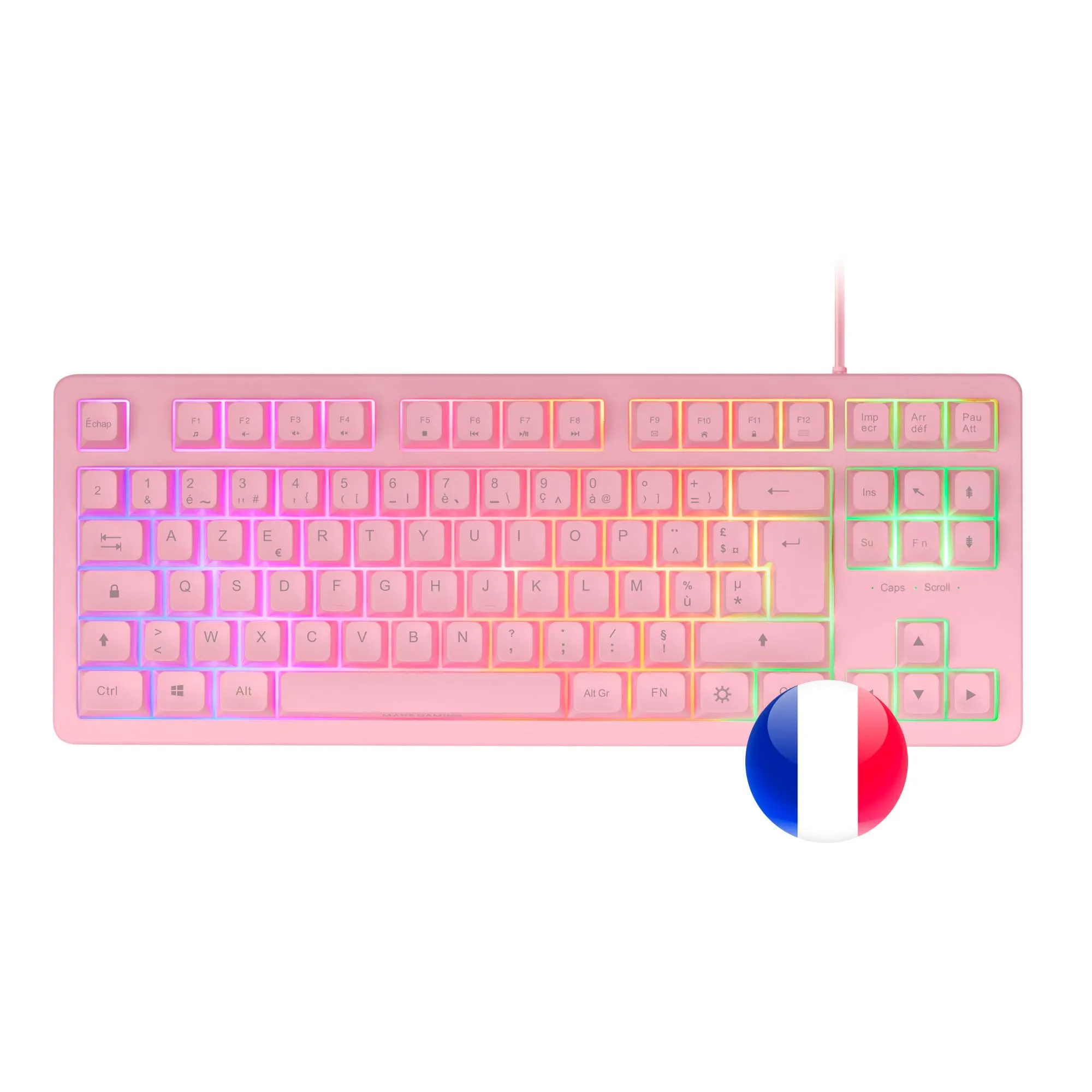 Mars Gaming MK023, Tastiera Gaming TKL, Tecnologia Ibrida H-Mech, Illuminazione FRGB Rainbow, Anti-ghosting, Compatibilità Universale, Rosa, Lingua Francese
