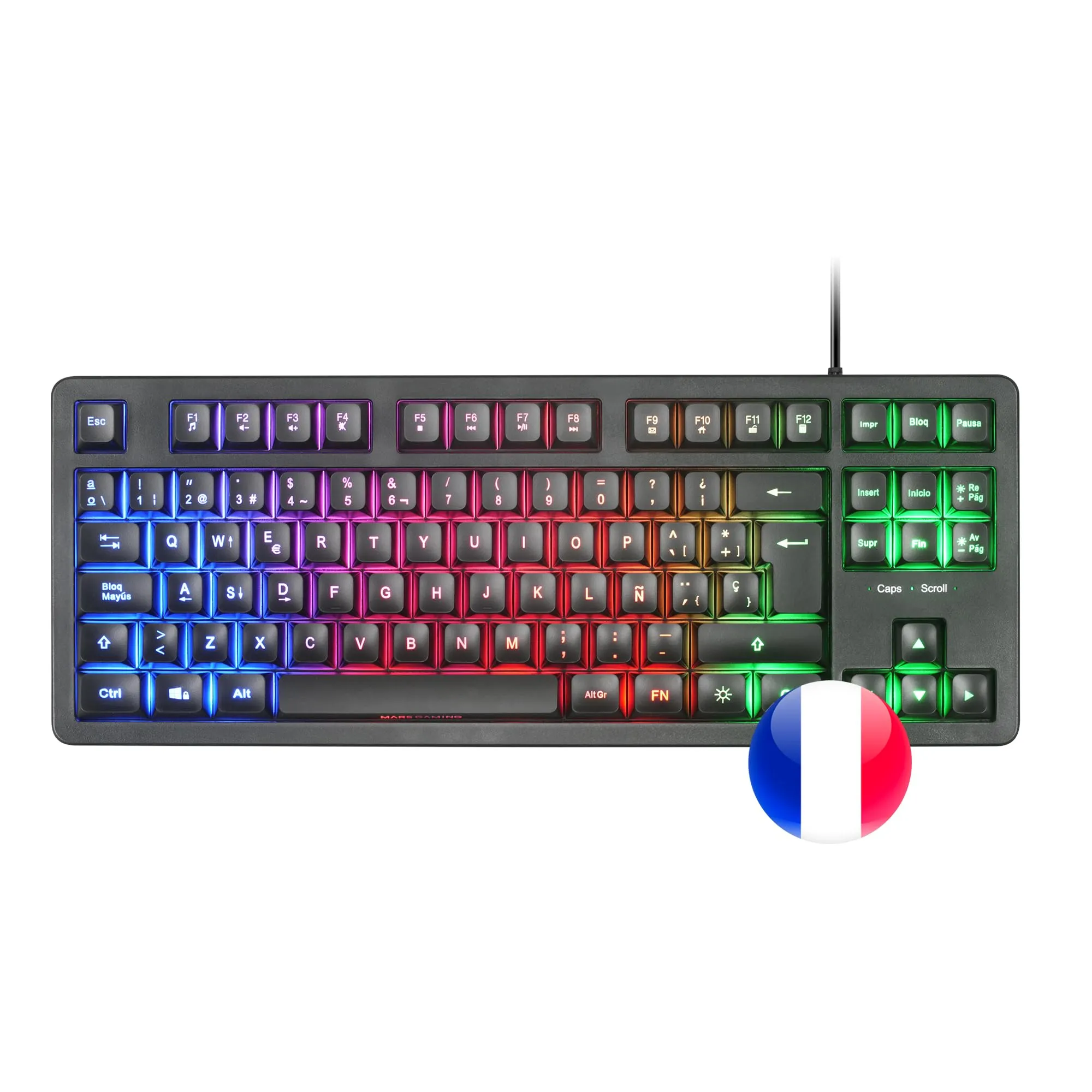 Mars Gaming MK023, Tastiera Gaming TKL, Tecnologia Ibrida H-Mech, Illuminazione FRGB Rainbow, Anti-ghosting, Compatibilità Universale, Nero, Lingua Francese