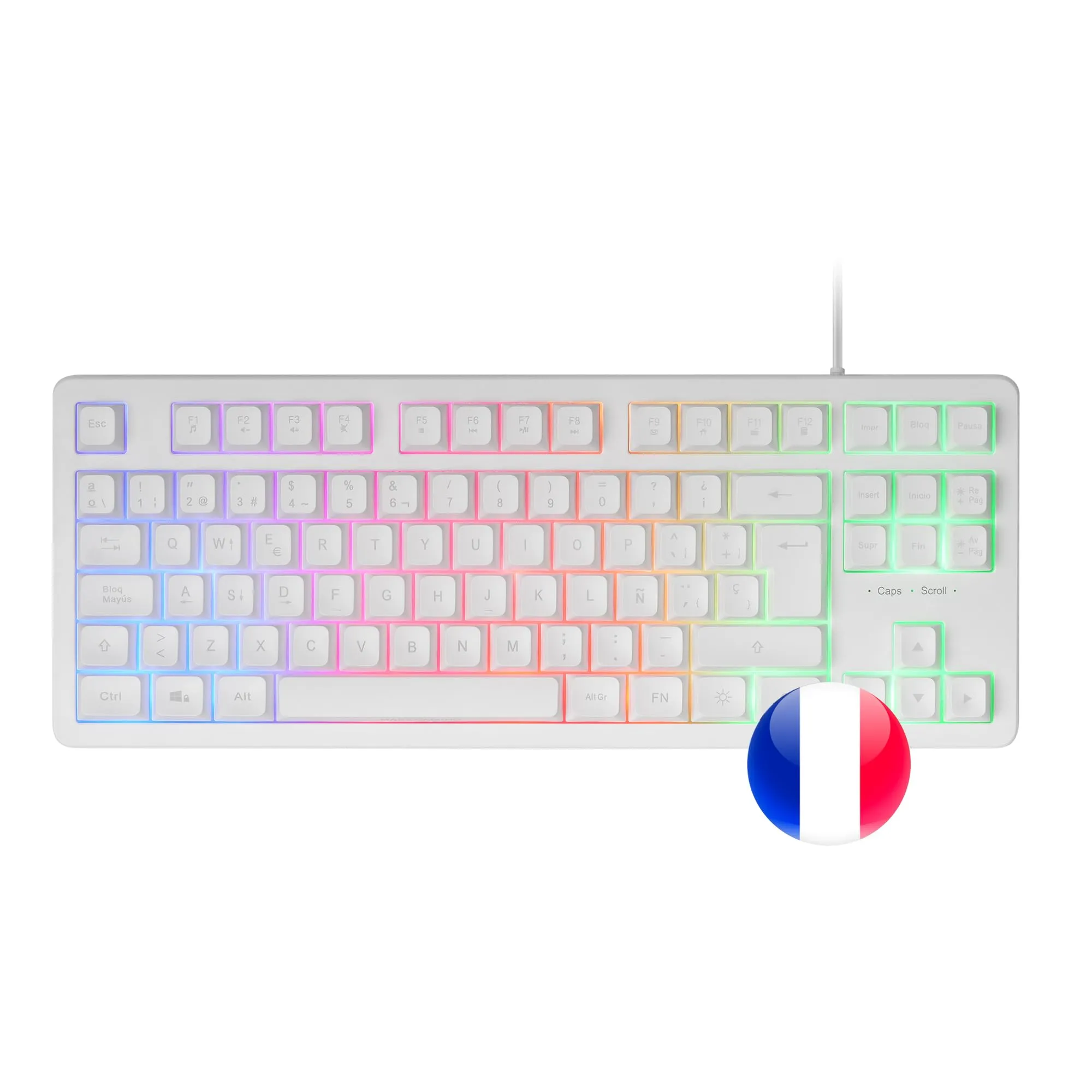 Mars Gaming MK023, Tastiera Gaming TKL, Tecnologia Ibrida H-Mech, Illuminazione FRGB Rainbow, Anti-ghosting, Compatibilità Universale, Bianco, Lingua Francese