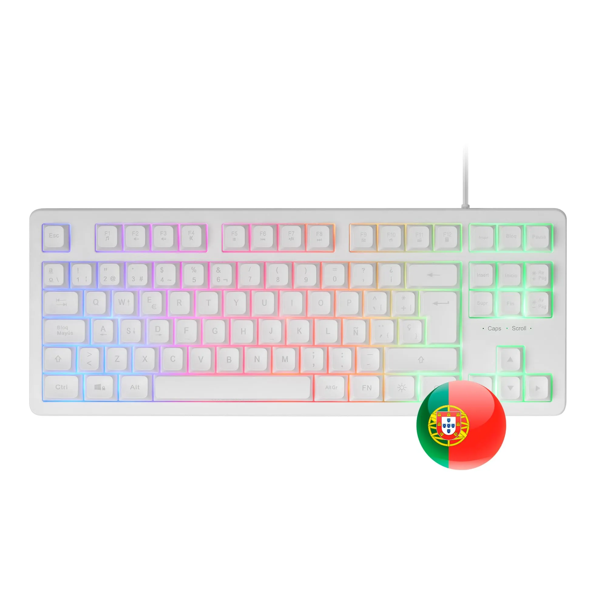 Mars Gaming MK023, Tastiera Gaming TKL, Tecnologia Ibrida H-Mech, Illuminazione FRGB Rainbow, Anti-ghosting, Compatibilità Universale, Bianco, Lingua Portoghese