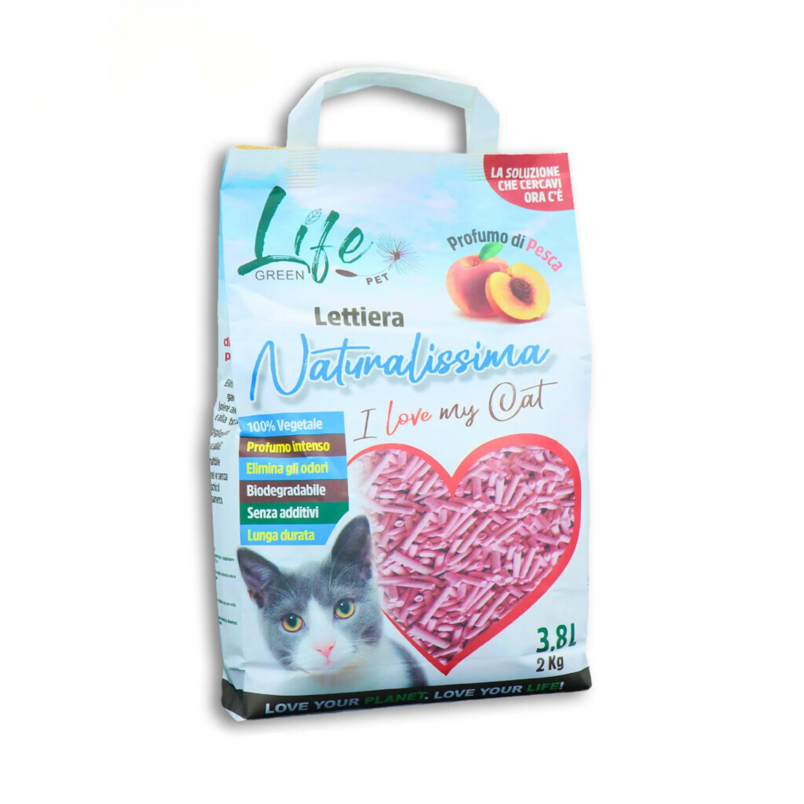LifeGreen Lettiera Naturalissima per gatti 2 kg Pesca, con Fibra di Pisello e Amido di Mais, Vegetale, Biodegradabile, Agglomerante 3.8L, Elimina odori
