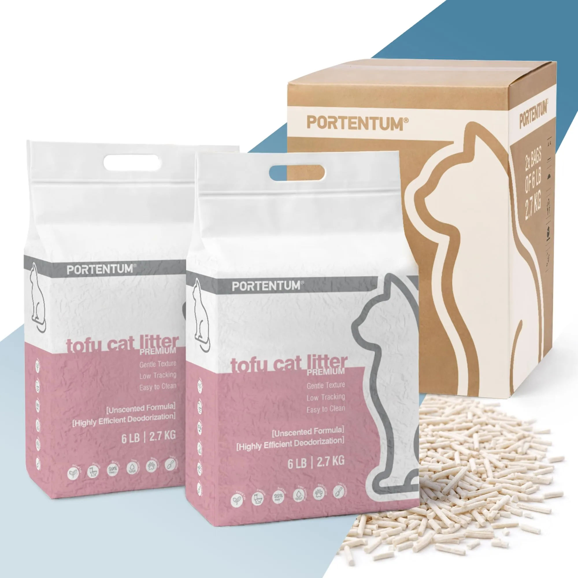 PORTENTUM Sabbia lettiera gatto agglomerante lettiera tofu 12 L senza profumo – Controllo degli odori e pulizia facile – Pellet vegetali che non si attaccano e mantengono il vassoio pulito