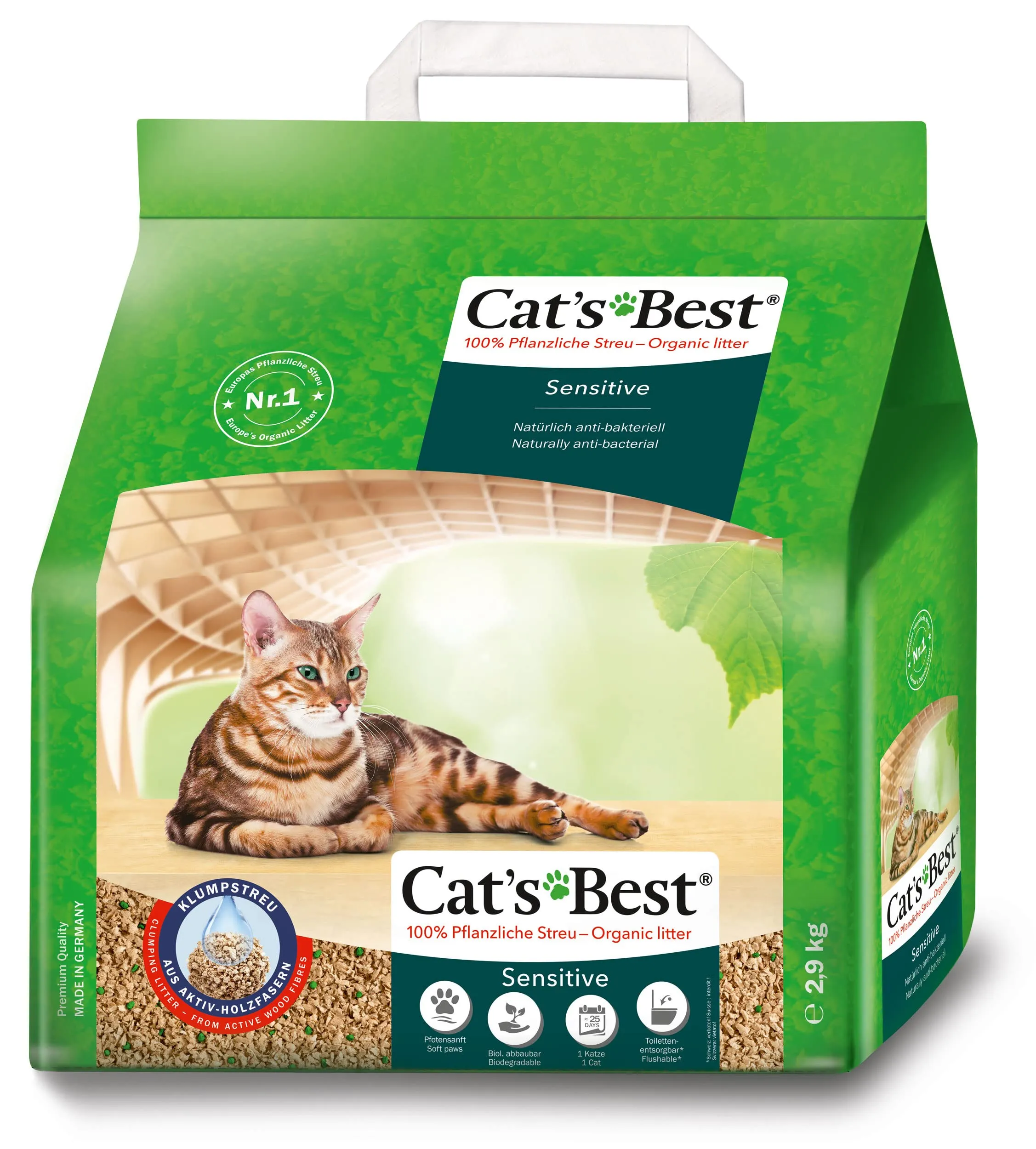 Cat's Best Lettiera per gatti sensibile, 100% vegetale, resistente e antibatterica, realizzata con fibre di legno attive raffinate, appositamente progettata per gatti sensibili, 2,9 kg/8 l
