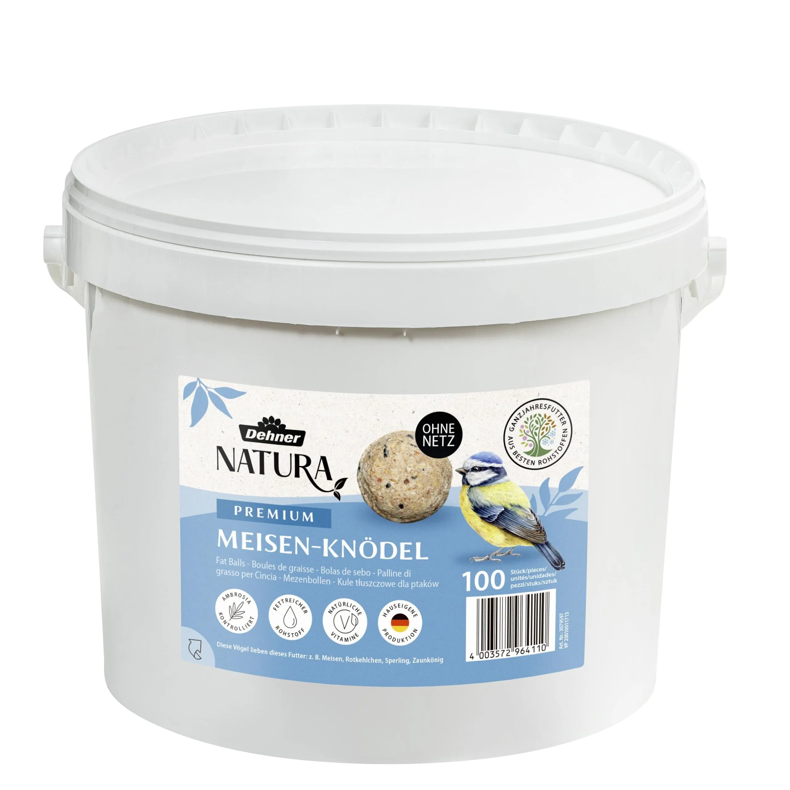 Dehner Natura Premium Mangime per uccelli, Cibo per uccelli selvatici, Palline di mangime senza rete, Alimenti energetici con noci, per cinciallegre e pettirossi, nel secchiello, 100 pezzi, 9 kg