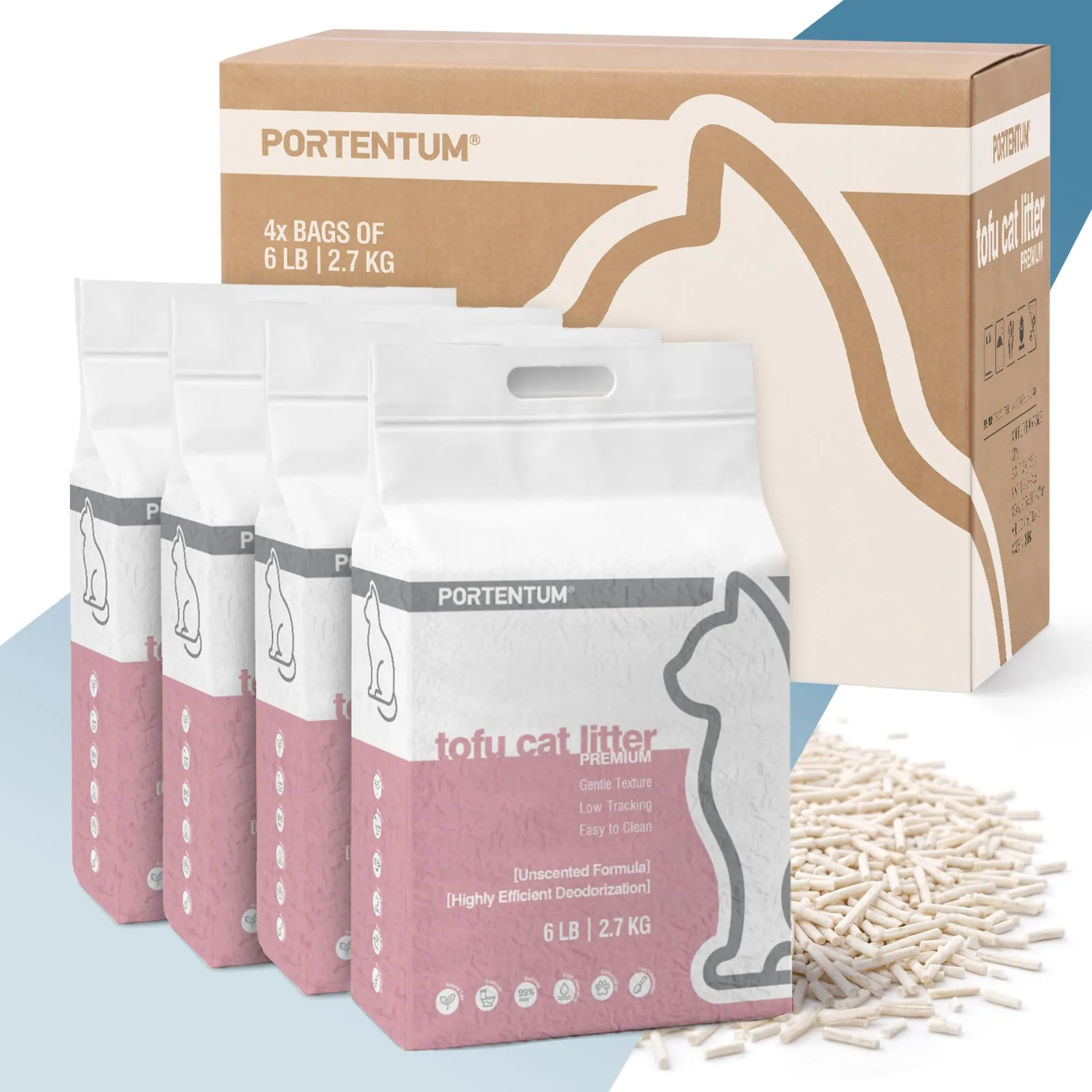 PORTENTUM Sabbia lettiera gatto agglomerante lettiera tofu 24 L senza profumo – Controllo degli odori e pulizia facile – Pellet vegetali che non si attaccano e mantengono il vassoio pulito
