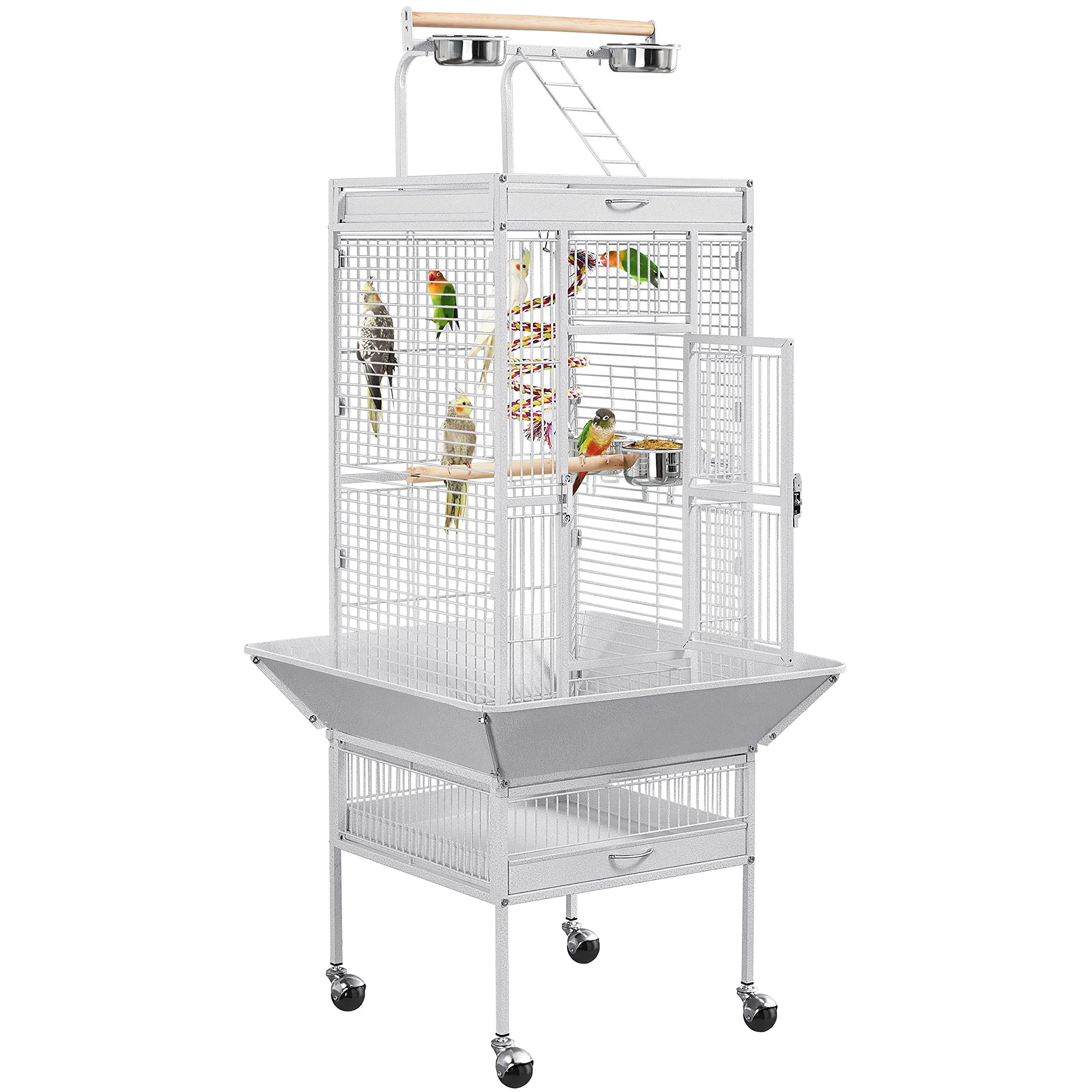 Yaheetech Gabbia Uccelli Metallo Ruote 65,5 × 65,5 × 156 cm Bianca
