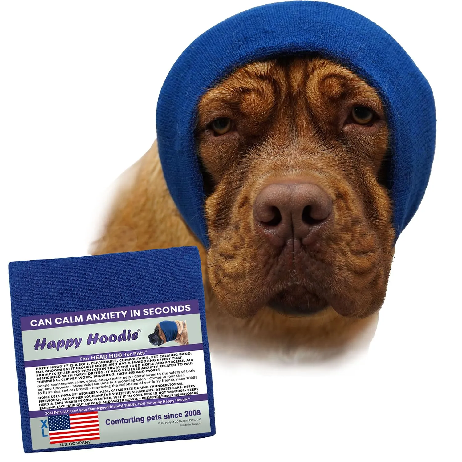 Happy Hoodie, Fascia calmante originale per cani e gatti, per alleviare l'ansia, cancellazione del rumore per fuochi d'artificio, temporali, toelettatura, aiuto calmante per cani dal 2008 (XL, blu)