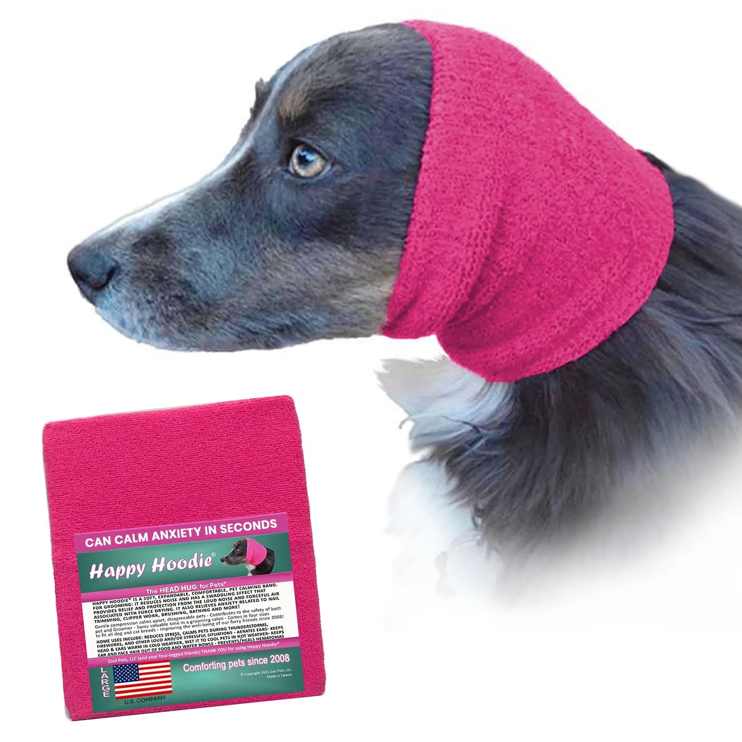 Happy Hoodie, Fascia calmante originale per cani e gatti, anti-ansia/protezione dal rumore, toelettatura, tuoni e fuochi d'artificio (L, rosa)