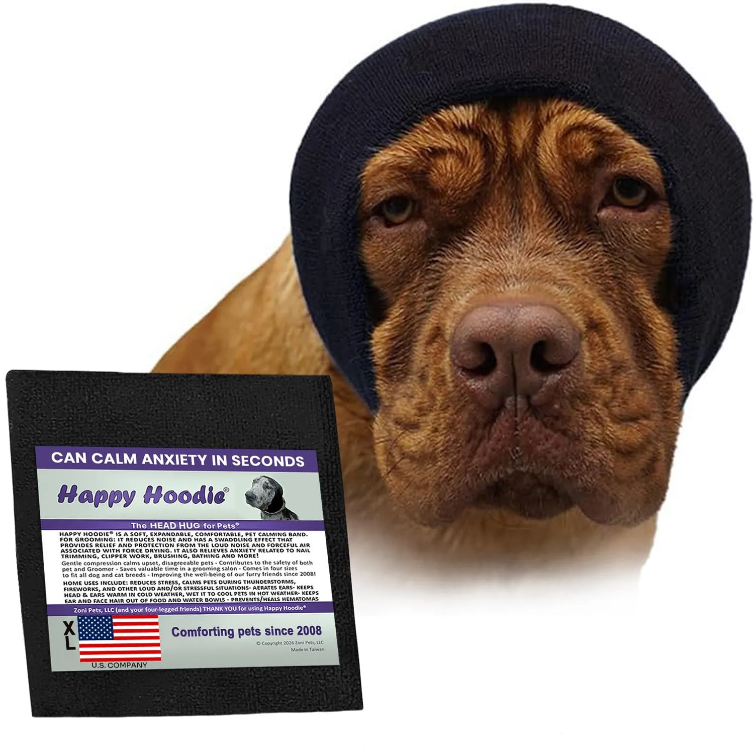 Happy Hoodie, Fascia calmante originale per cani e gatti, anti-ansia/protezione dal rumore, toelettatura, tuoni e fuochi d'artificio (XL, nero)
