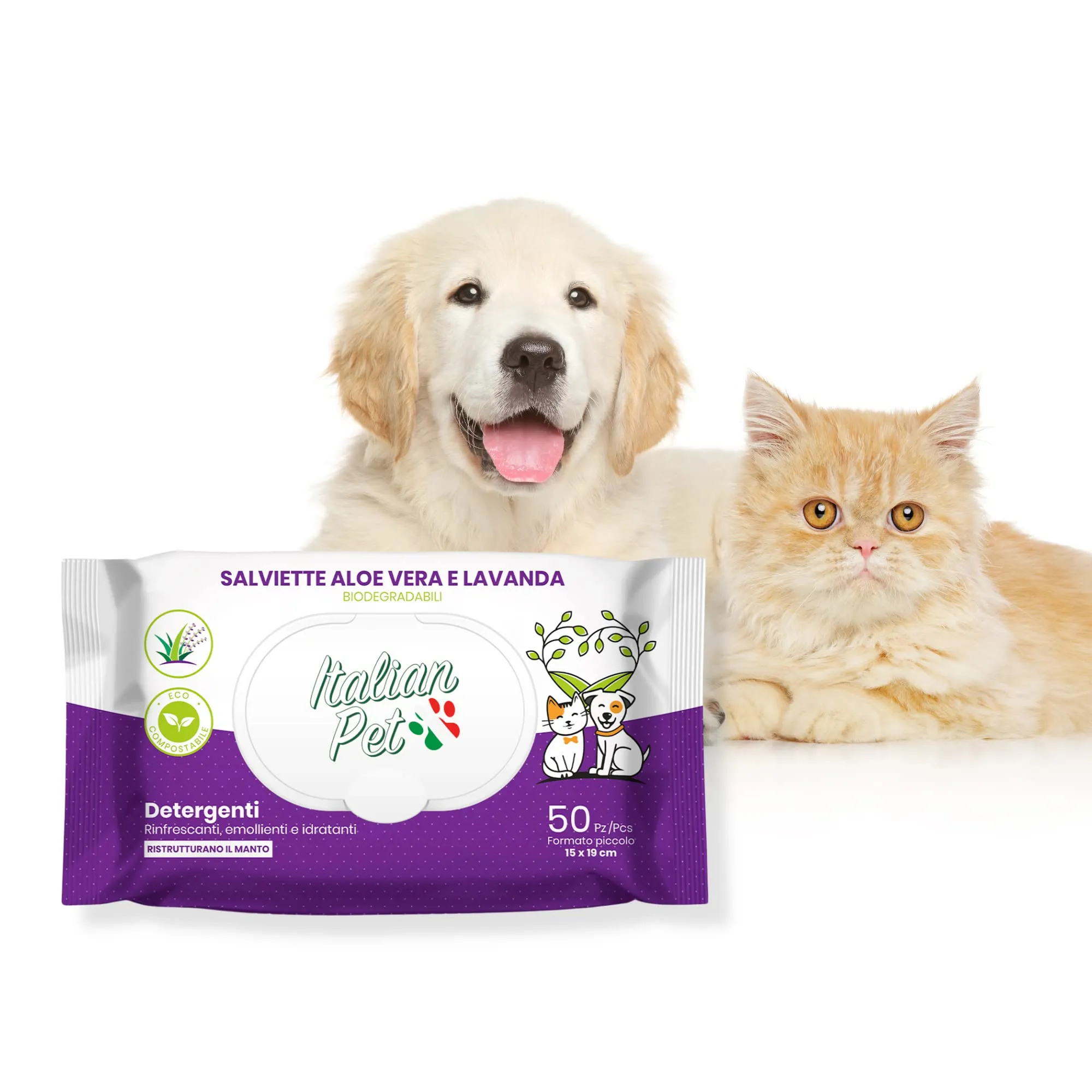 Italian Pet - Salviette Biodegradabili Aloe Vera e Lavanda - Salviette Detergenti Umidificate per Zampe, Muso e Pelo di Cani, Gatti, Conigli, Animali Domestici - 50 Salviette BIO Monouso, 15x19 cm
