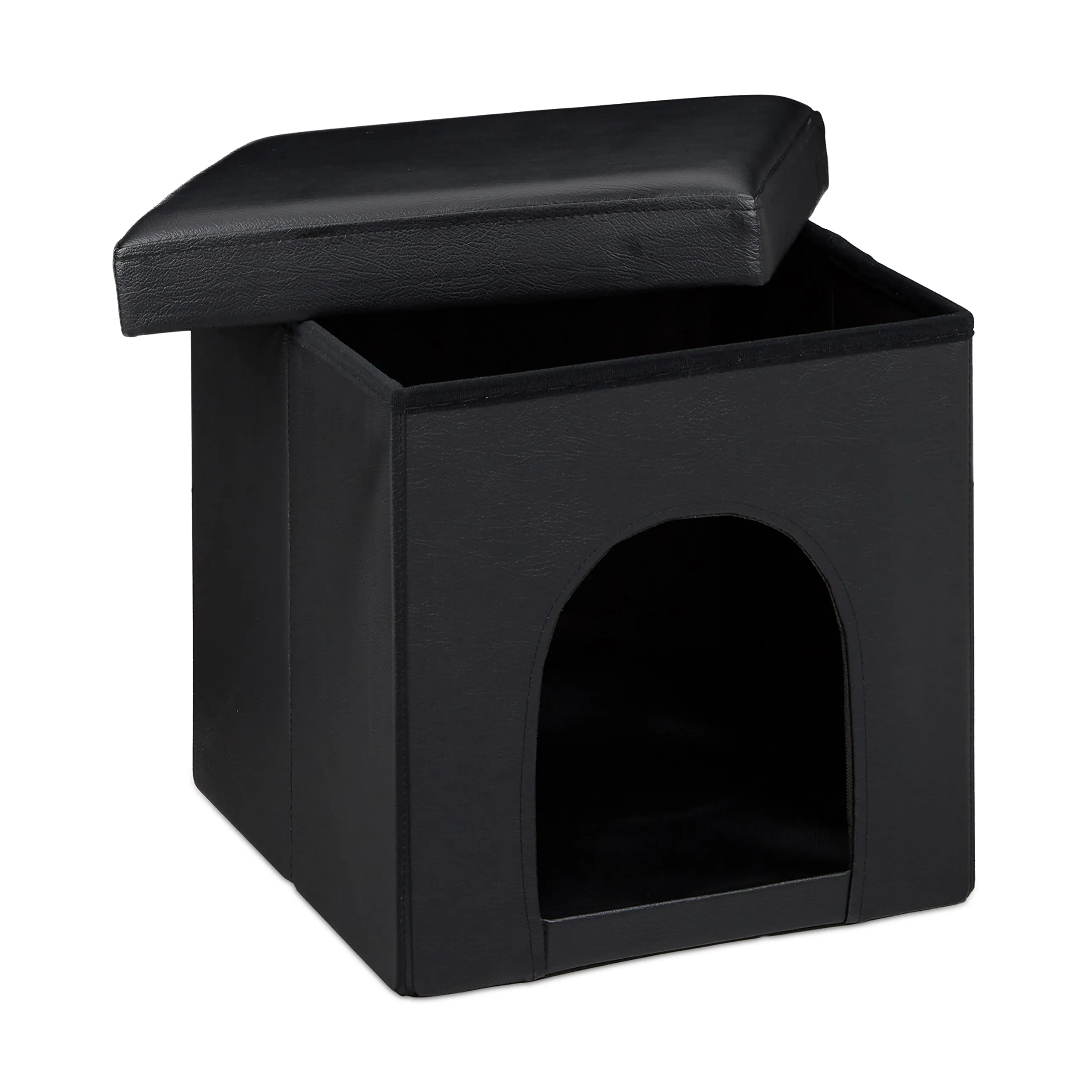 Relaxdays Cuccia Puff Pieghevole per Cane/Gatto, Finta Pelle, 38 X 38 X 38 cm, Nero