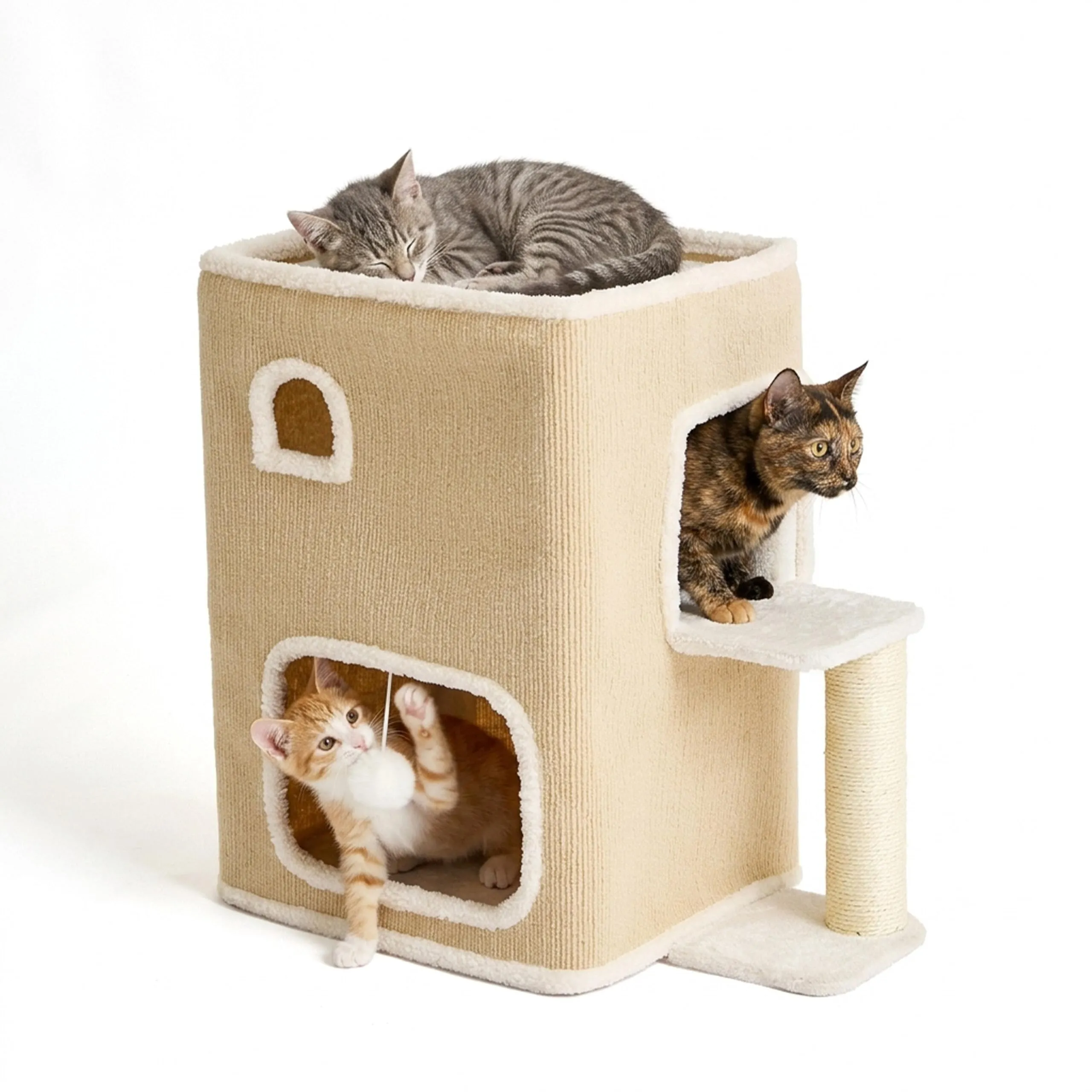 Relaxdays Casetta per gatti 2 piani, tessuto beige