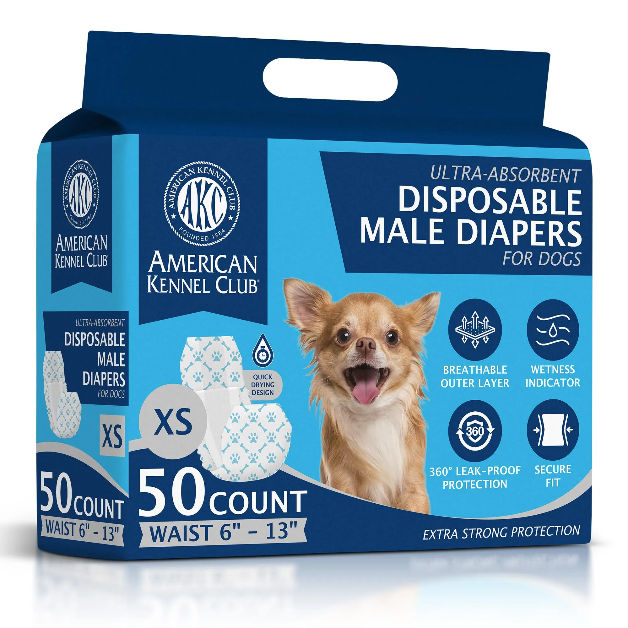 American Kennel Club Pannolini usa e getta per cani maschi, con indicatore di umidità, XS, 50 pezzi