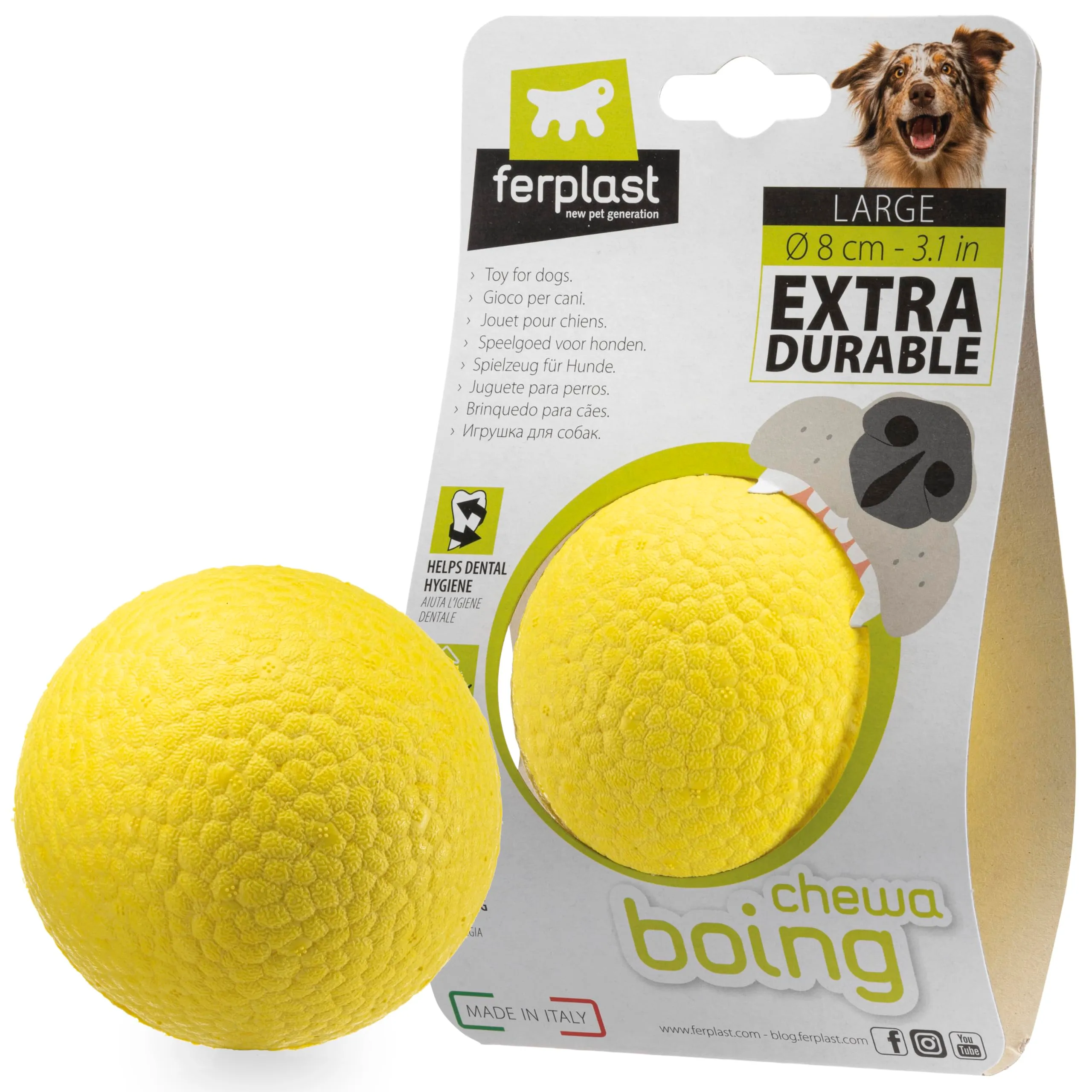 Ferplast CHEWA BOING BALL Giocattolo per Cani Super Rimbalzante e Galleggiante - Materiale innovativo resistente alla masticazione - Texture 3D per l'igiene dentale - Ultra Durevole - Design Italiano