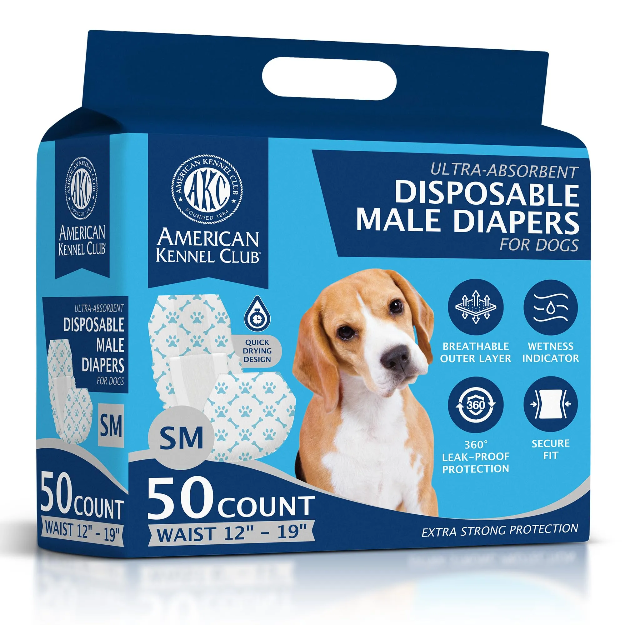 American Kennel Club Pannolini usa e getta per cani maschi, con indicatore di umidità, piccoli, 50 pezzi