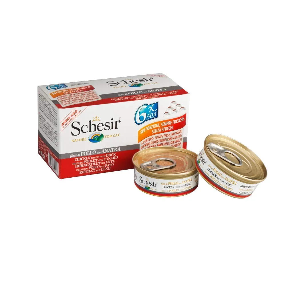 Schesir, Pollo con Anatra in Brodo, 48 Lattine, Cibo Umido Completo per Gatti, Con Vitamine Aggiunte, 100% Naturale, Cruelty-Free, 8 Confezioni da 6 x 50 g