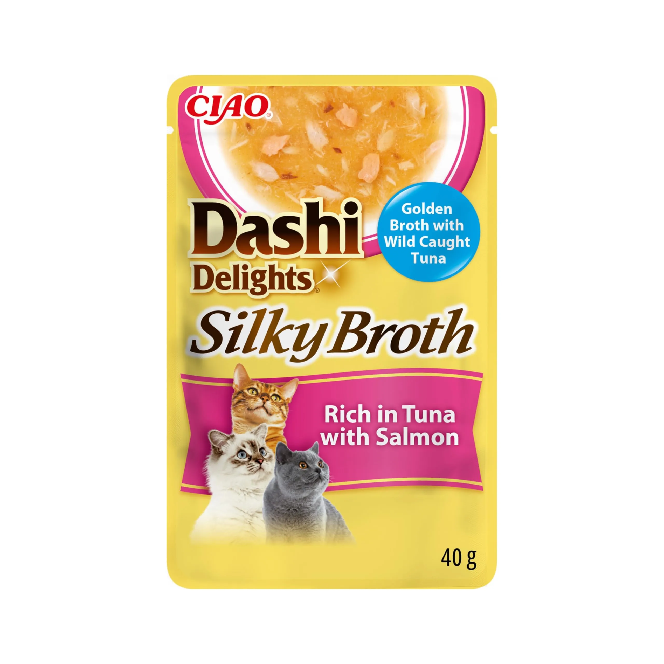 INABA Dashi Delights Silky Broth, Brodo per Gatti al Tonno e Salmone, Cibo Umido Ricco di Proteine, Ingredienti Naturali, Snack Umido per Gatti, Zuppa, 1 Confezione da 40 g