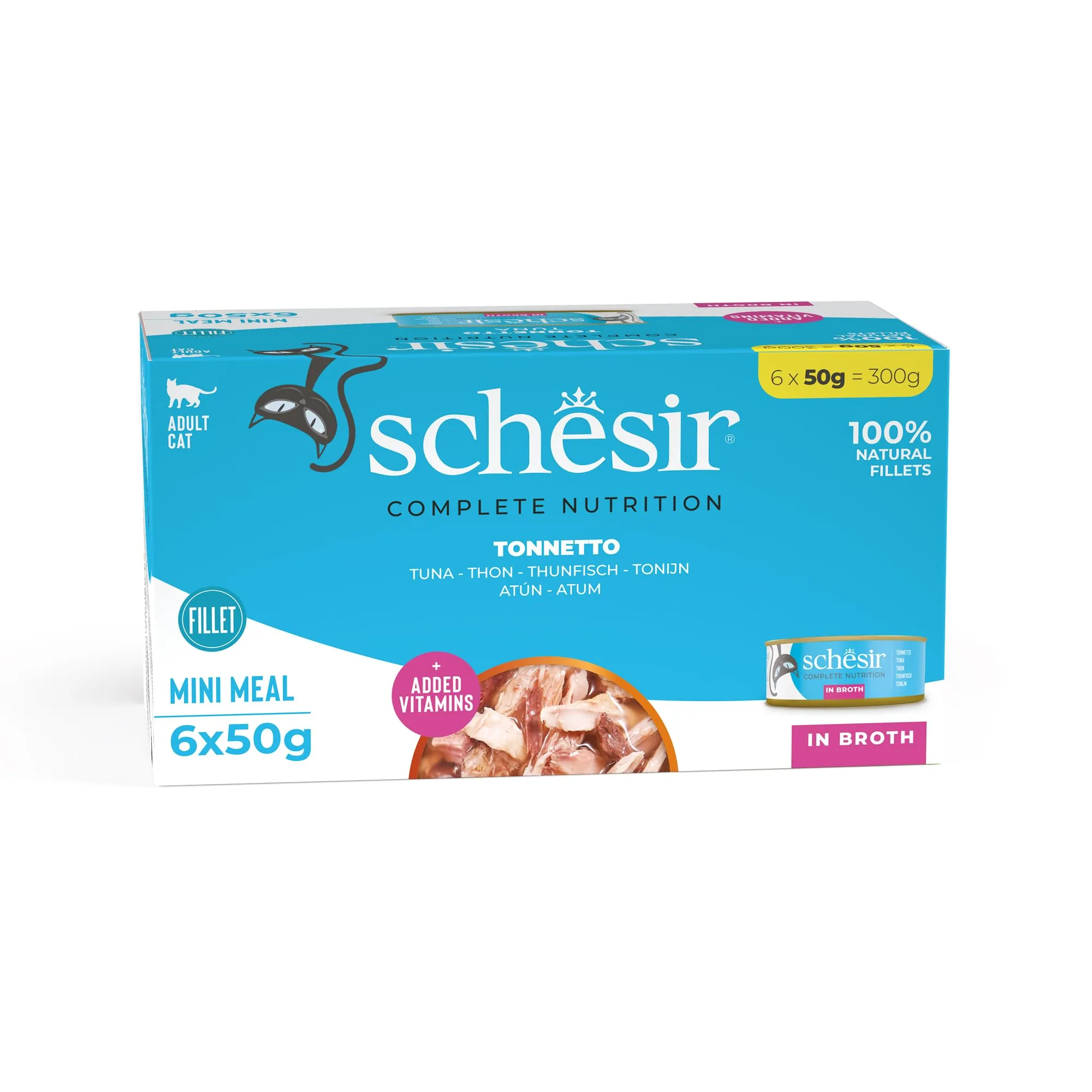Schesir, Tonnetto in Brodo, 48 Lattine, Alimento Umido Completo per Gatti, con Vitamine Aggiunte, 100% filetti naturali, Cruelty-Free, 8 Confezioni da 6 x 50g