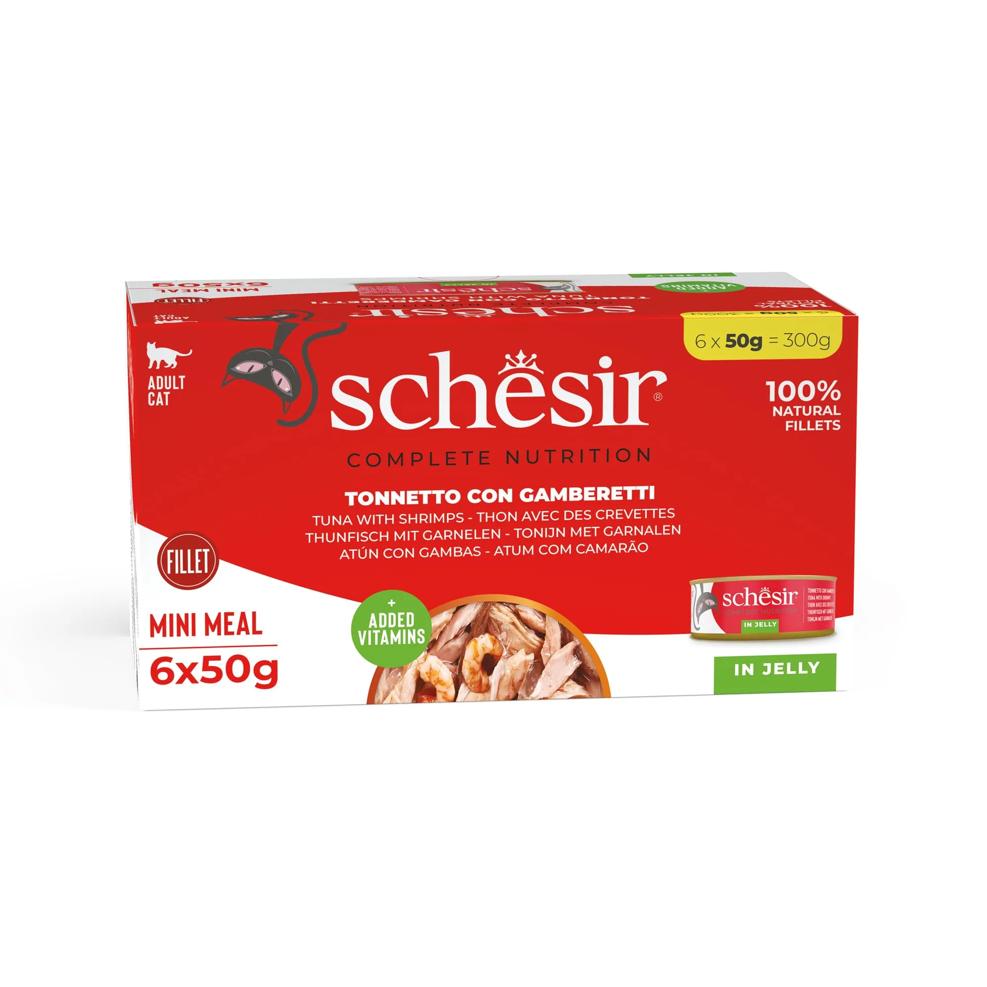 Schesir, Tonnetto con Gamberetti in Gelatina, 48 Lattine, Cibo Umido Completo per Gatti, Con Vitamine Aggiunte, 100% Naturale, Cruelty-Free, 8 Confezioni da 6 x 50g