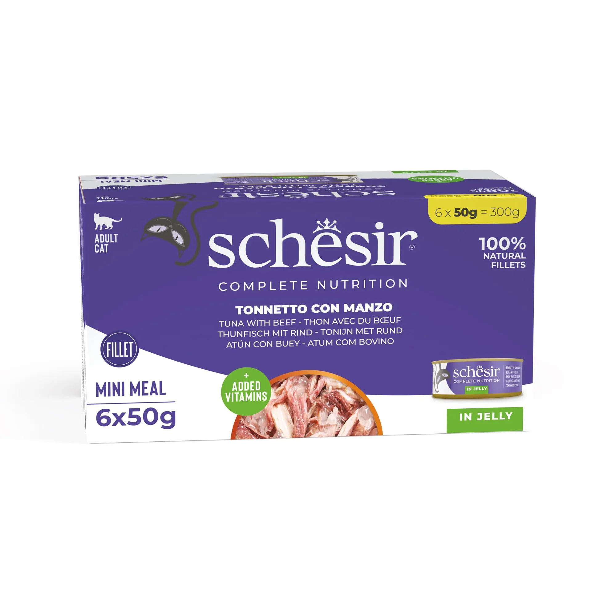 Schesir, Tonno con Manzo in Gelatina, 48 Lattine, Cibo Umido Completo per Gatti, Con Vitamine Aggiunte, 100% Naturale, Cruelty-Free, 8 Confezioni da 6 x 50 g