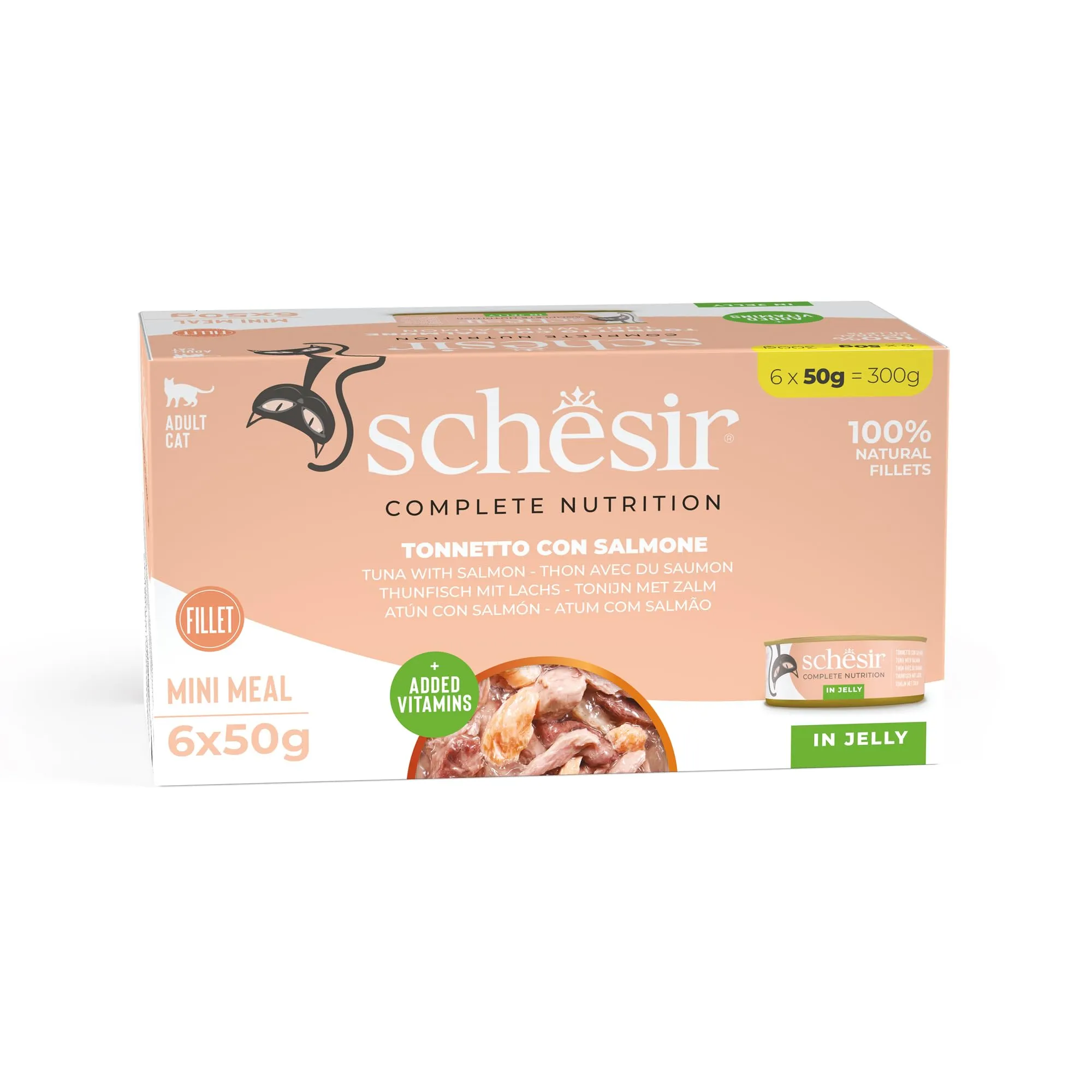 Schesir, Tonno con Salmone in Gelatina, 48 Lattine, Cibo Umido Completo per Gatti, Con Vitamine Aggiunte, 100% Naturale, Cruelty-Free, 8 Confezioni da 6 x 50 g