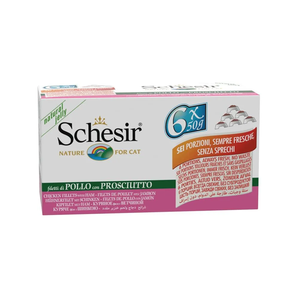Schesir, Pollo con Prosciutto in Gelatina, 48 Lattine, Cibo Umido Completo per Gatti, Con Vitamine Aggiunte, 100% Naturale, Cruelty-Free, 8 Confezioni da 6 x 50 g