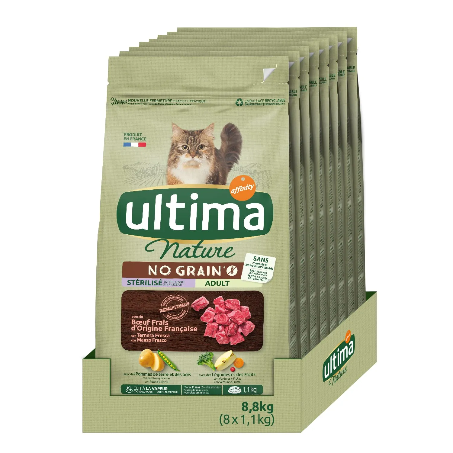 Ultima Nature No Grain Cibo per Gatti Sterilizzati senza Grano con Manzo: Confezione da 8 x 1.1 kg - Totale: 8.8 kg