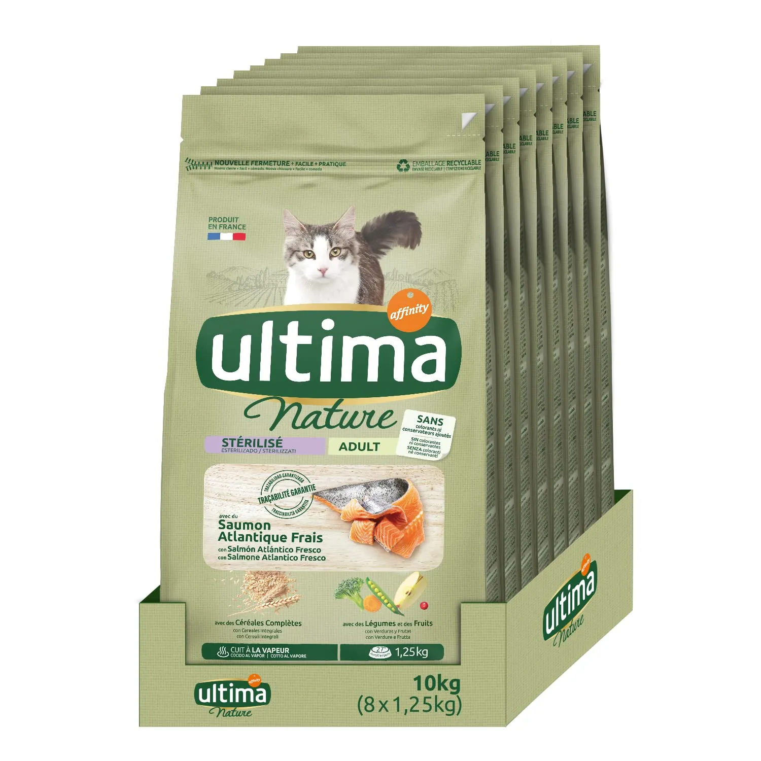 Ultima Nature Cibo per Gatti Sterilizzati con Salmoni. Confezione da 8 X 1.25 Kg - Totale: 10 Kg - Pacco da 8 x 1.25 kg
