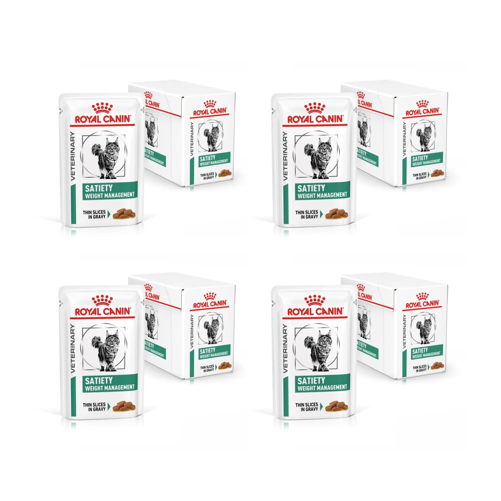 Royal Canin Veterinary Satiety Weight Management | Confezione da 4 | 4 x 12 x 85 g | Alimento dietetico completo per gatti | Per ridurre il sovrappeso | Pezzi fini in salsa