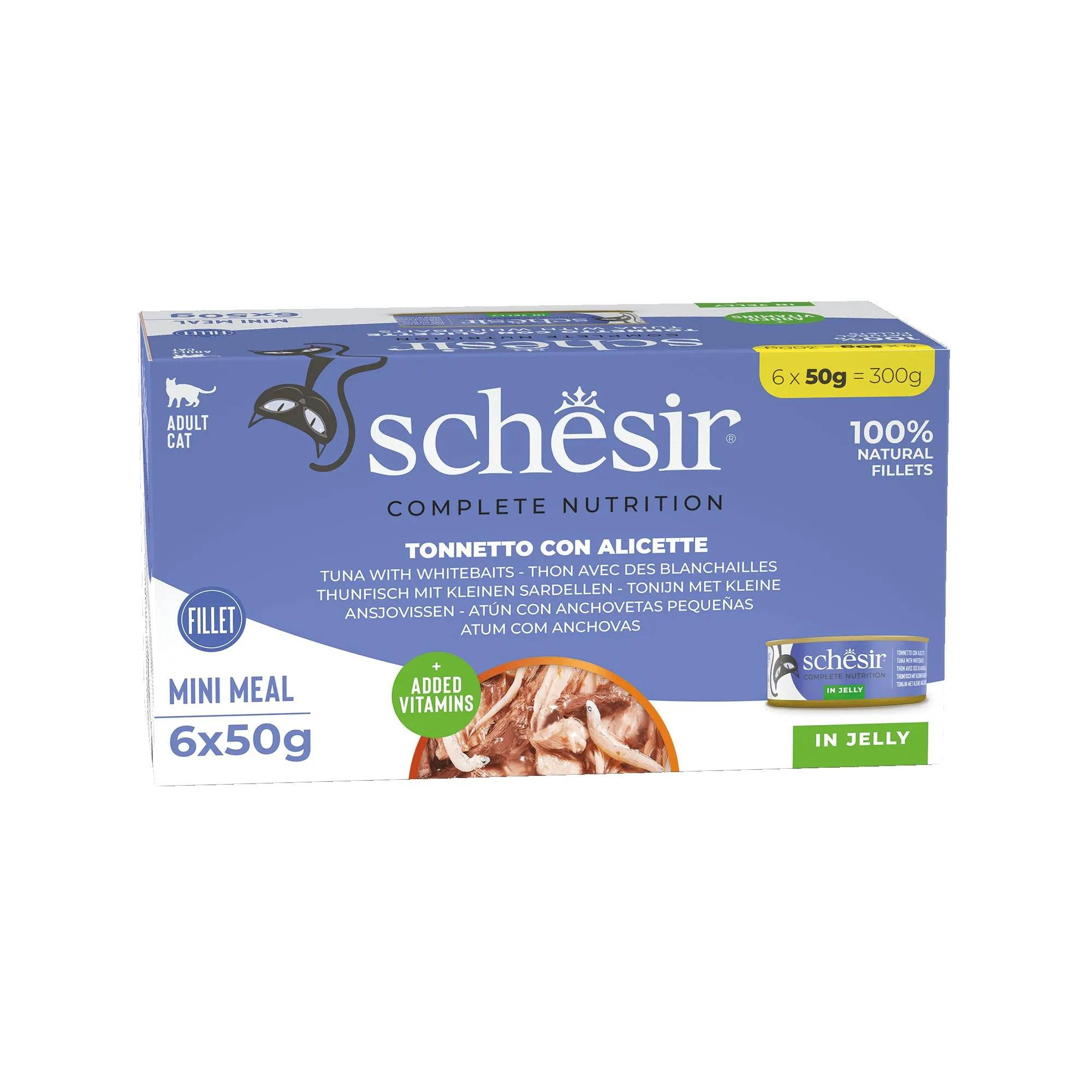 Schesir, Tonno con Alicette in Gelatina, 48 lattine, Cibo Umido Complementare per Gatti, Con Vitamine Aggiunte, 100% Naturale, Cruelty-Free, 8 Confezioni da 6 x 50g