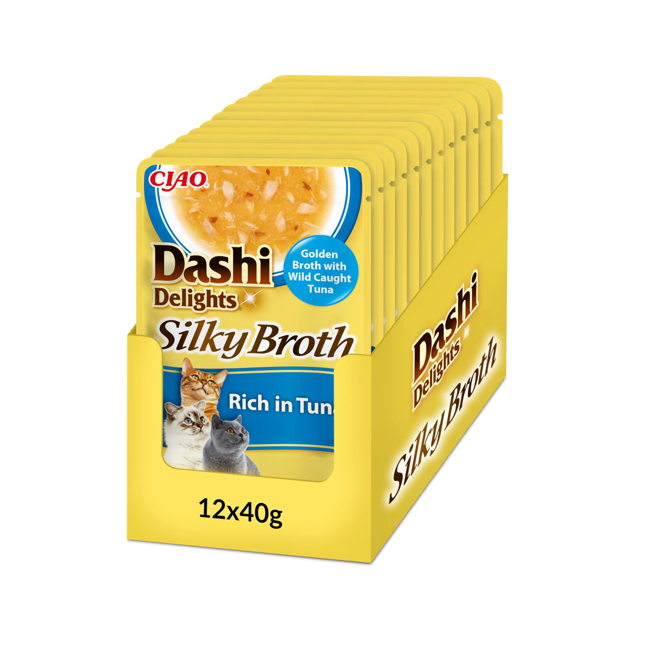 INABA Dashi Delights Silky Broth, Brodo per Gatti al Tonno, Cibo Umido Ricco di Proteine, Ingredienti Naturali, Snack Umido per Gatti, Zuppa, 12 Confezioni da 40 g