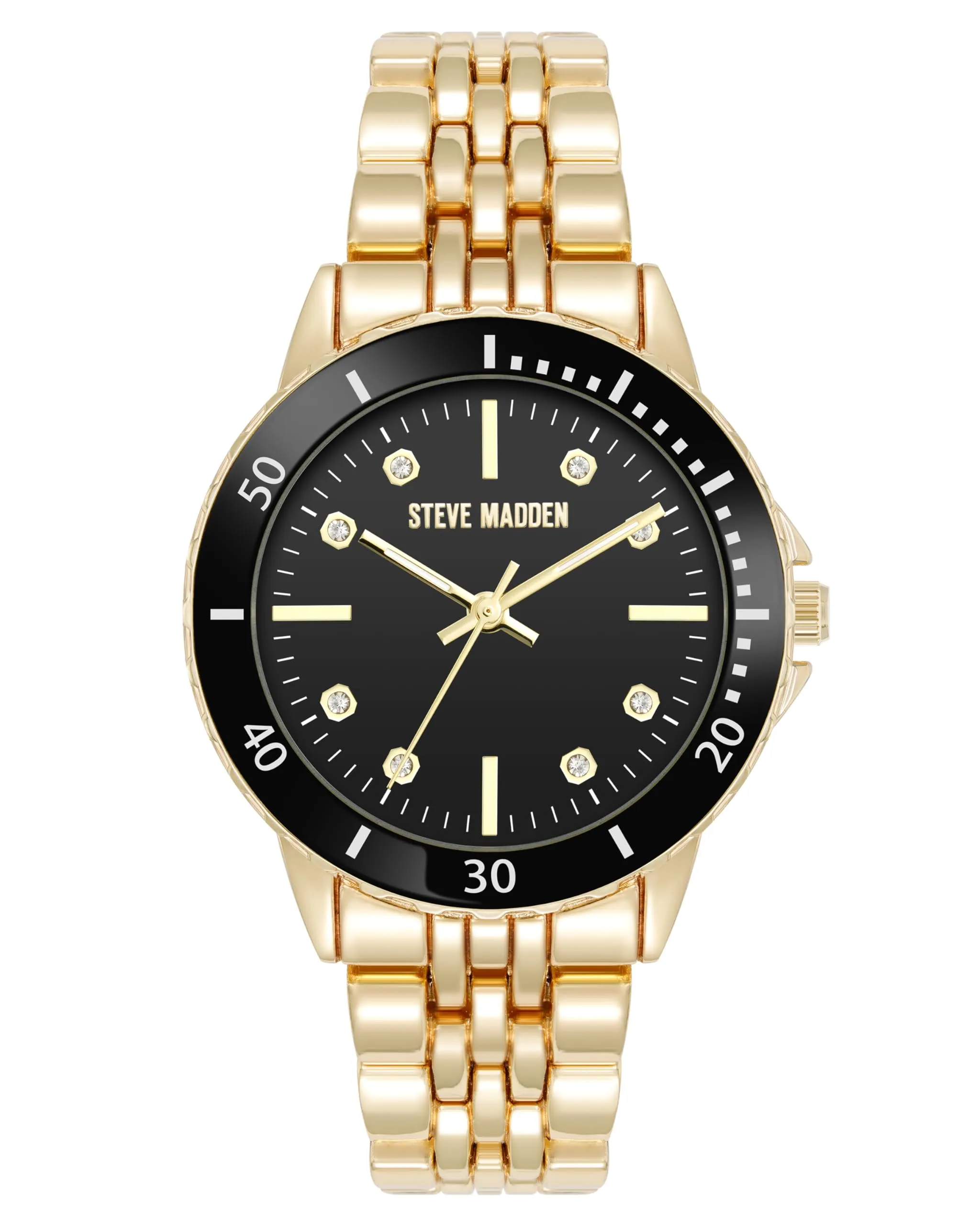 Steve Madden Orologio da donna con cinturino in vero cristallo, Nero/Oro
