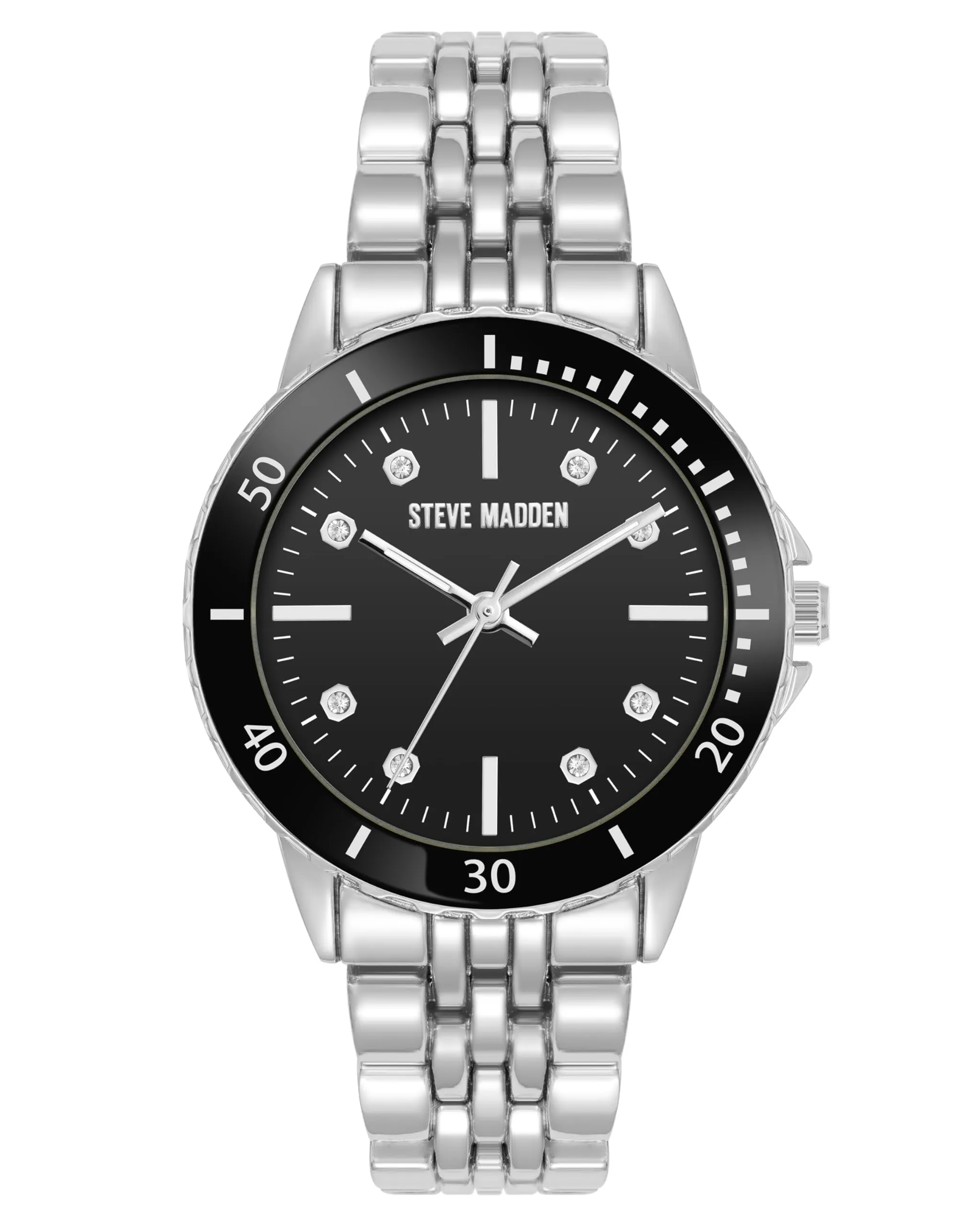 Steve Madden Orologio da donna con cinturino in vero cristallo, Nero/Argento