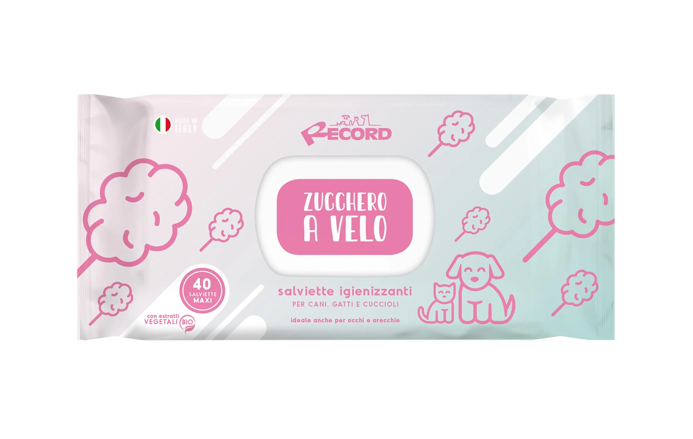 Record salviette igienizzanti umide per Cani e Gatti. Salviette Cane e salviette Gatto. Confezione 40 Pezzi. Salviettine per Animali per Pelo, Zampe, Muso ed Occhi. Rispettano Cute e PH. Zucchero