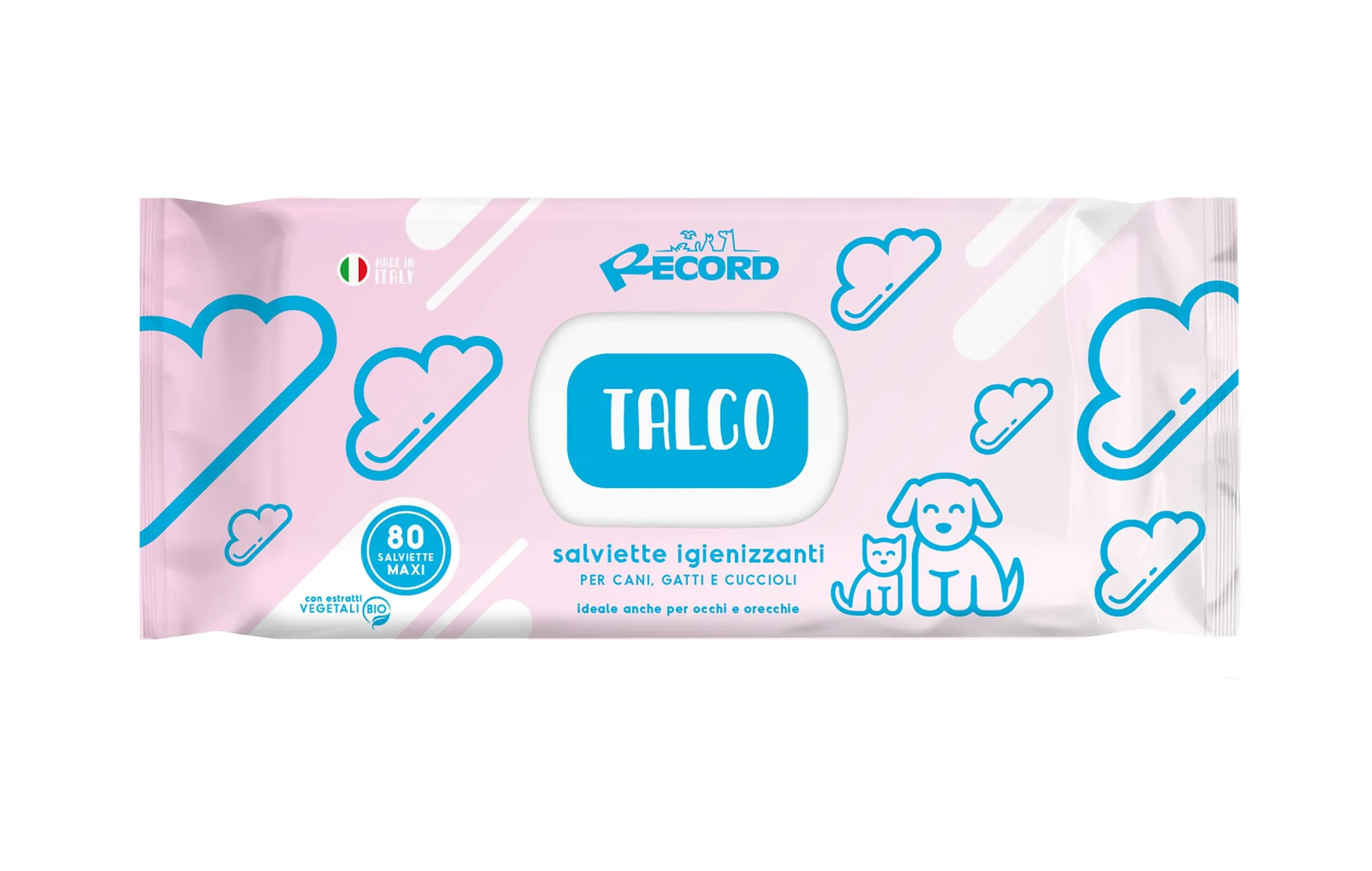 Record salviette igienizzanti umide per Cani e Gatti. Salviette Cane e salviette Gatto. Confezione 80 Pezzi. Salviettine per Animali per Pelo, Zampe, Muso ed Occhi. Rispettano Cute e PH. Aroma Talco