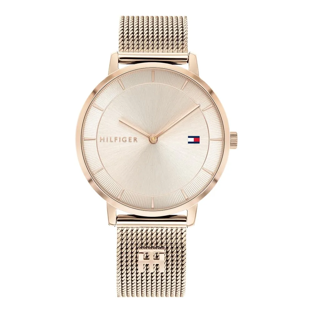 Tommy Hilfiger Orologio Analogico al Quarzo da Donna con Cinturino in Maglia Metallica in Acciaio Inossidabile Color Oro Rosso - 1782287