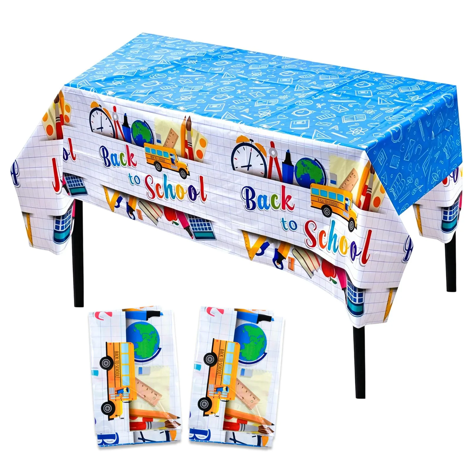 2 pezzi Torna alla scuola, tovaglia 220 x 130 cm, tovaglia per la celebrazione del primo giorno di scuola, blu scuolabus e cancelleria, per decorazioni aule e feste di benvenuto (bianco)