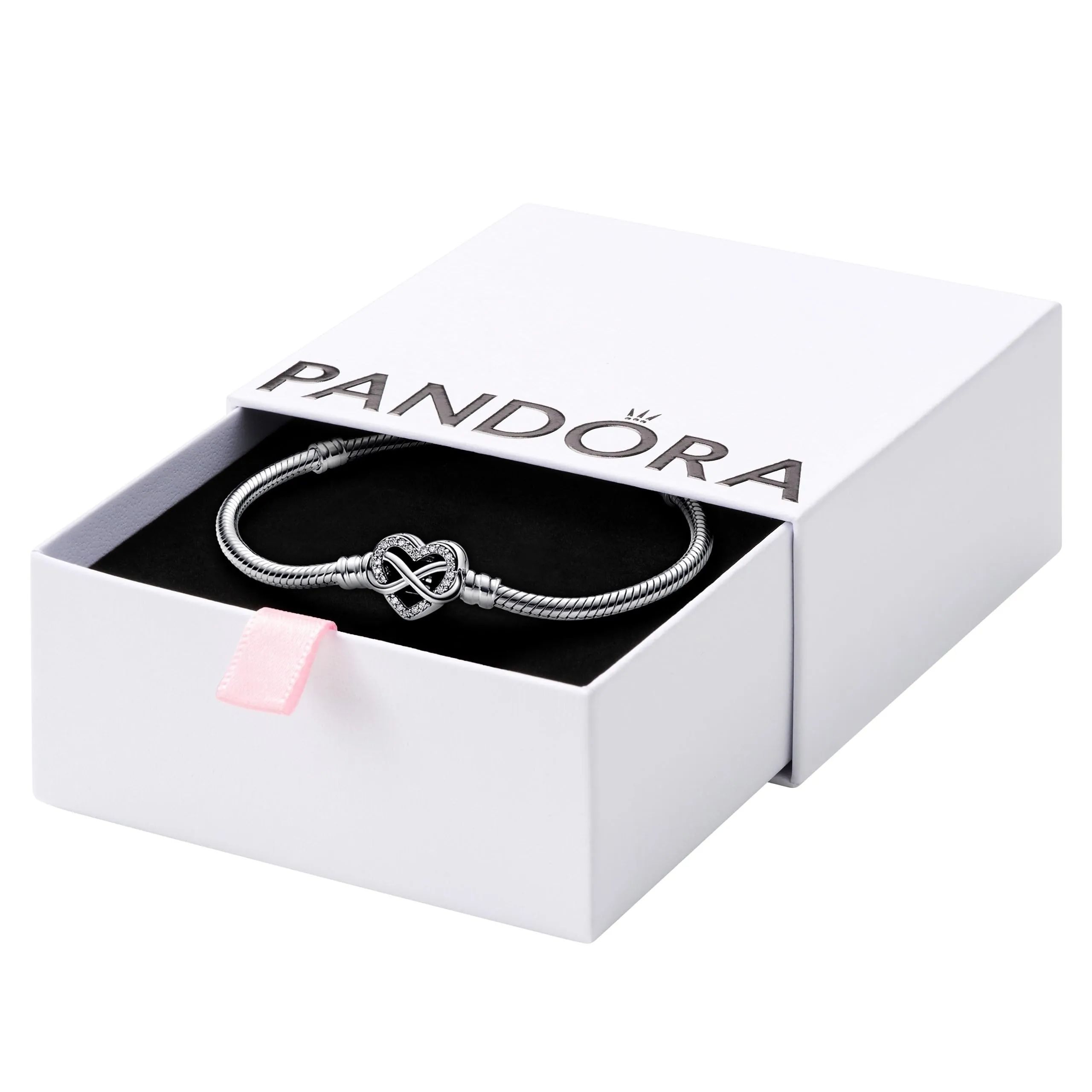PANDORA Bracciale Moments in maglia snake in argento Sterling con chiusura a forma di cuore con simbolo dell'infinito con zirconi cubici trasparenti, 21