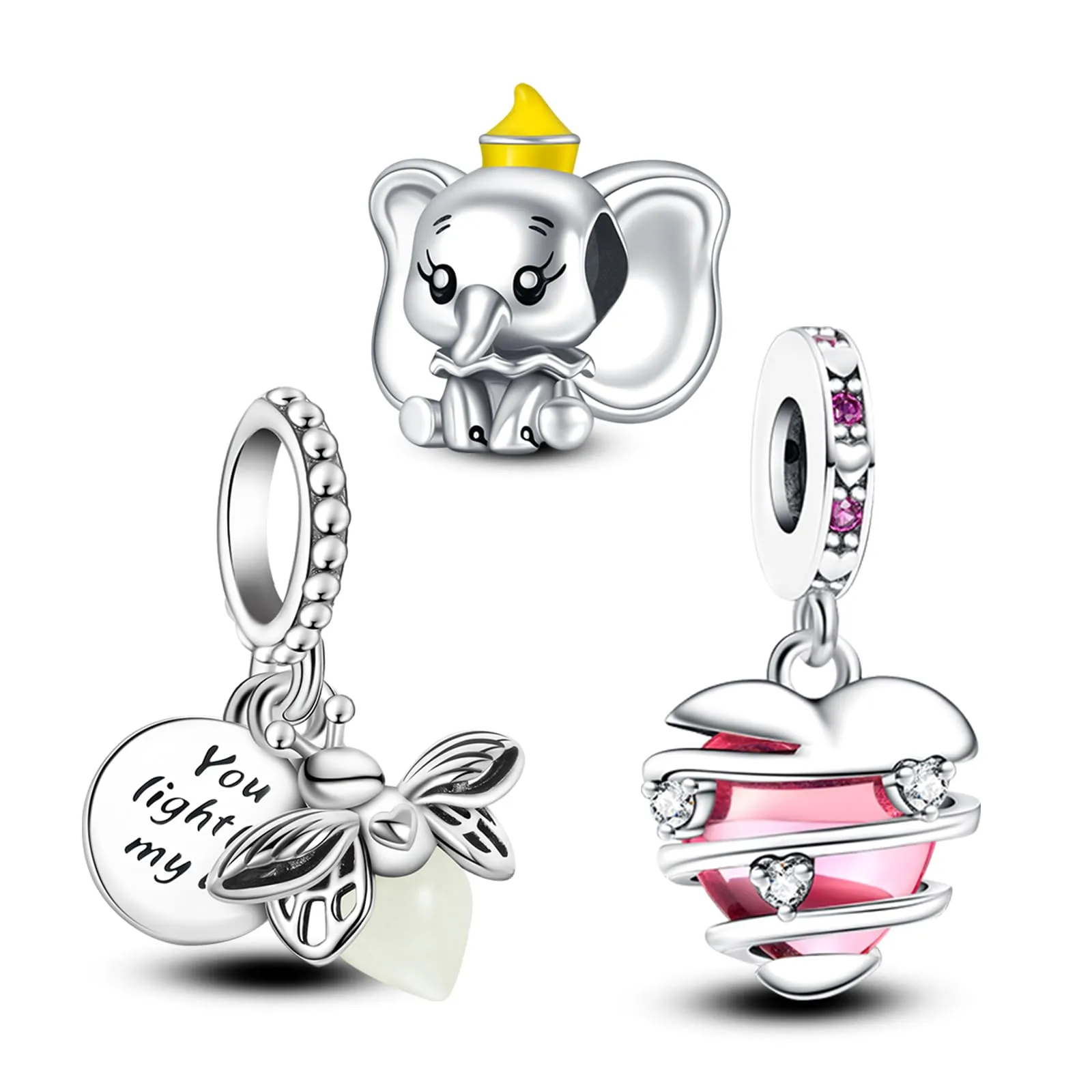 Annmors Ciondolo Argento Sterling 925 Charm Bead Compatibile Bracciale Collane Firefly Elephant Heart Perline zirconi Natale,San Valentino,festa della mamma,ciondoli regalo ragazze 3 pezzi/pacchetto