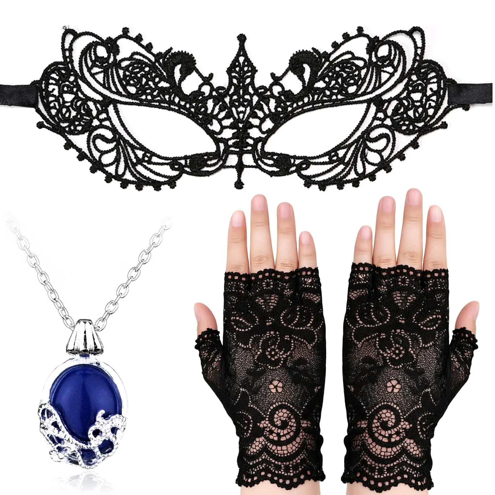 Confezione da 3 accessori per costume da vampiro Elena Cosplay con collana Katherine blu, elegante maschera in pizzo e guanti, accessori da vampiro per donna, ideale per Halloween e feste a tema in