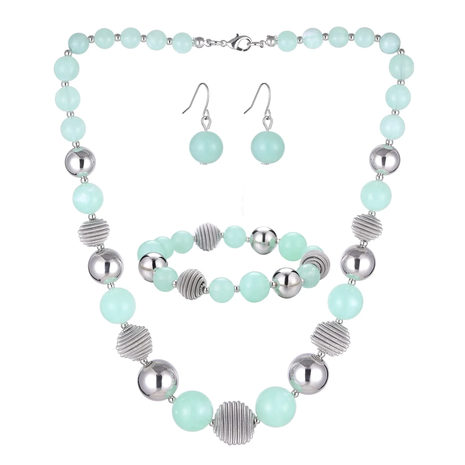 FULU AUTUMN Set di 3 gioielli con collana di perle grandi, bracciale e orecchini, regalo di compleanno per donna, Pietra, Nessuna pietra preziosa, verde chiaro