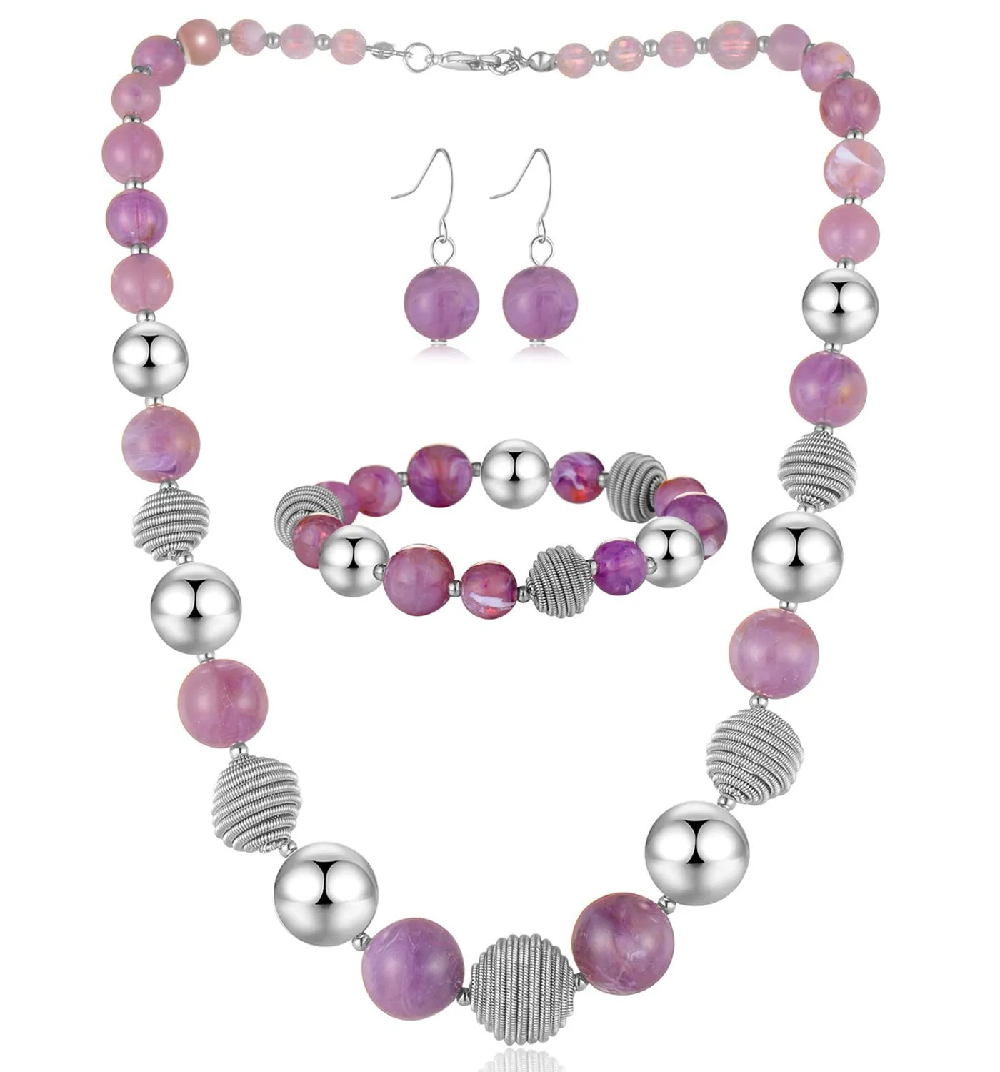 FULU AUTUMN Set di 3 gioielli con collana di perle grandi, bracciale e orecchini, regalo di compleanno per donna, Pietra, Nessuna pietra preziosa, viola.