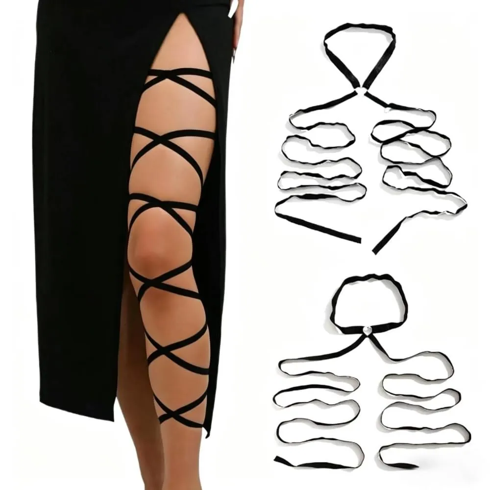 Sekexi Nero Elastico Leg Wraps Rave Sexy Coscia Giarrettiera Cinghie per le Gambe Accessori Costume Calze Esotiche Donne Cosplay Halloween, Nero (2 pezzi), taglia unica